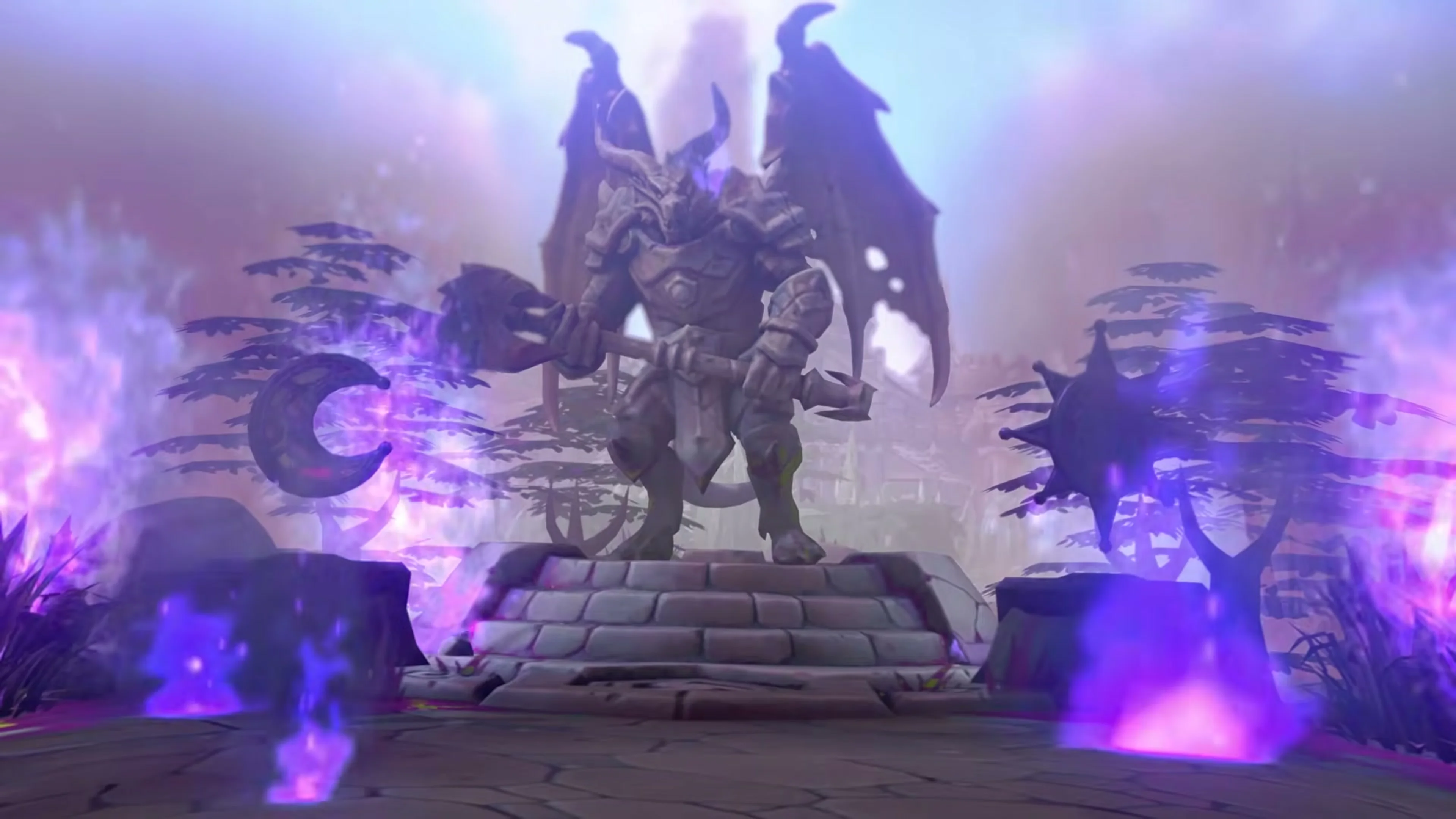 Purple Void energy spreads around a stone statue on a Heroes of the Storm battleground.