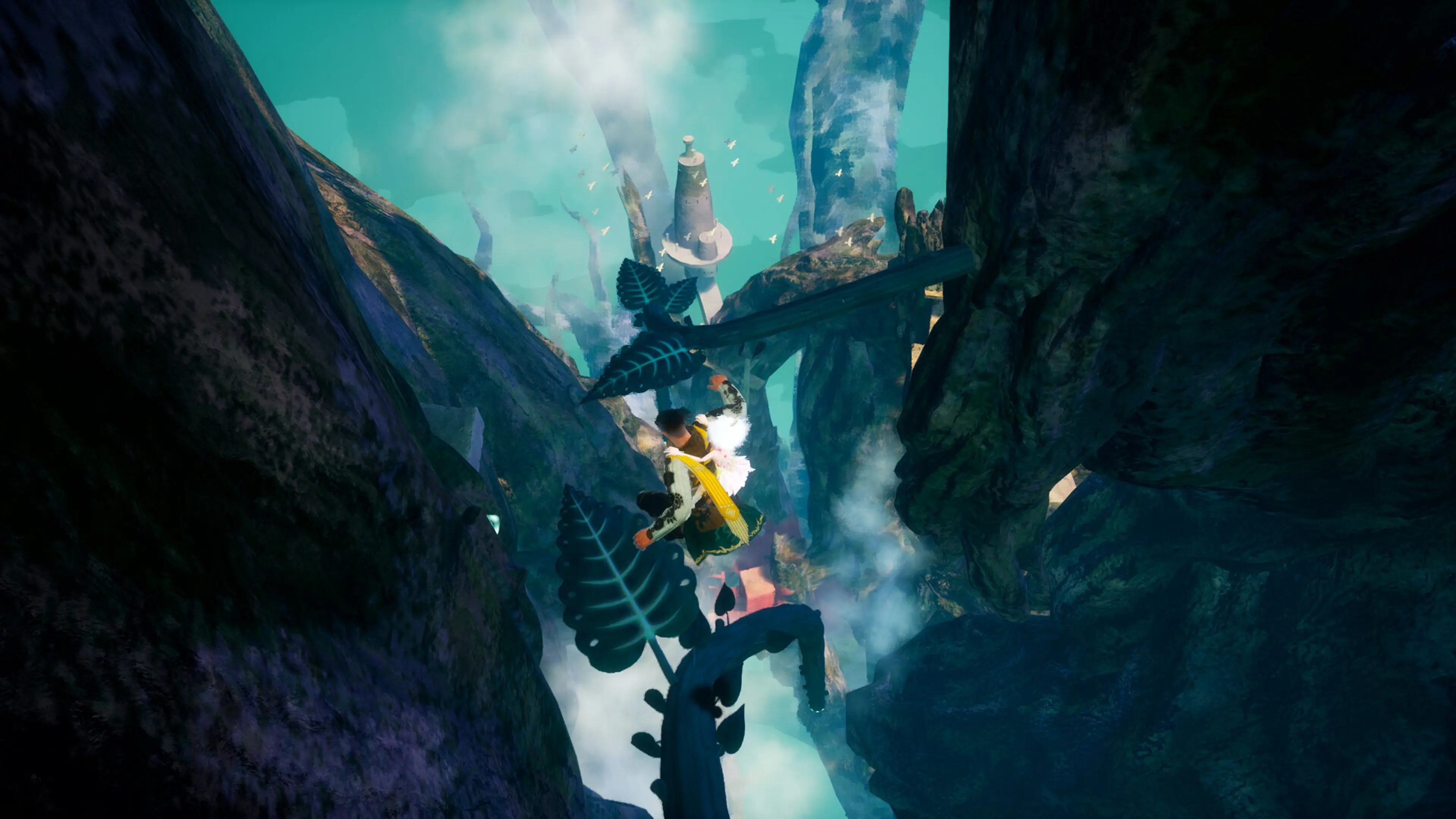A soldier lands on giant leaf platforms while carrying the Fell Child.