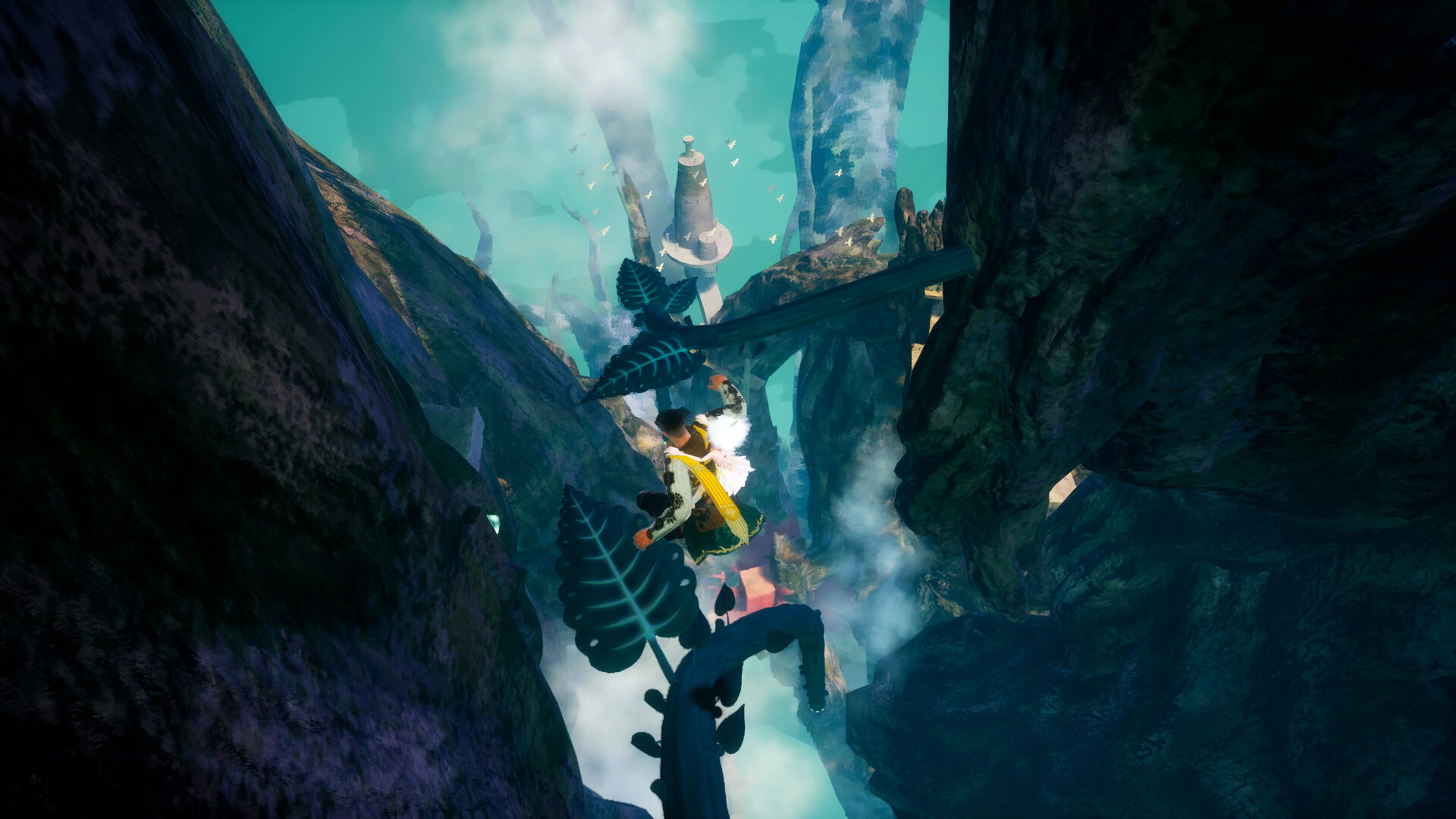 A soldier lands on giant leaf platforms while carrying the Fell Child.