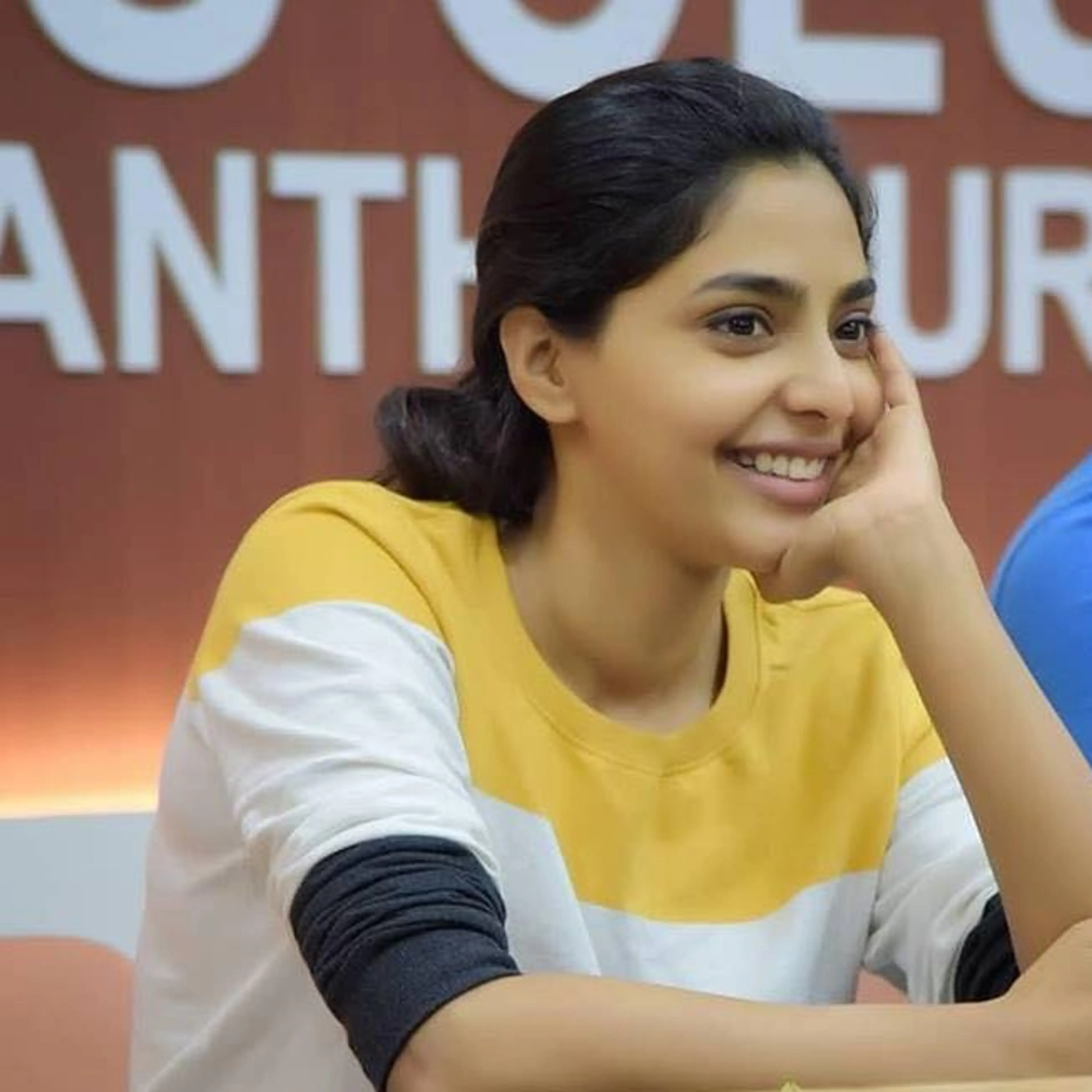 Aishwarya Lekshmi at a press event in Thiruvananthapuram in 2019.