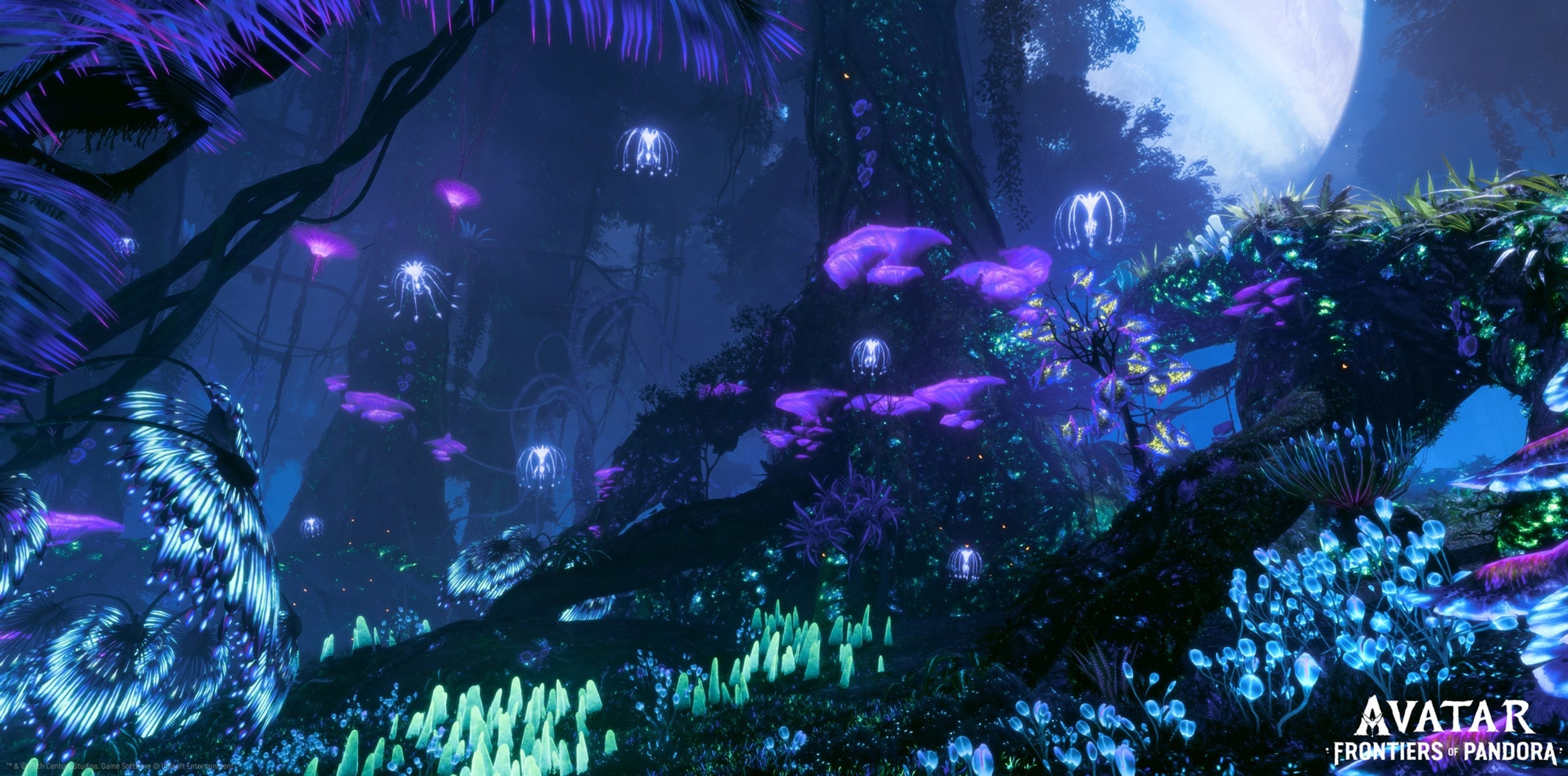 A Na'vi character stands in a bioluminescent forest in Avatar: Frontiers of Pandora.