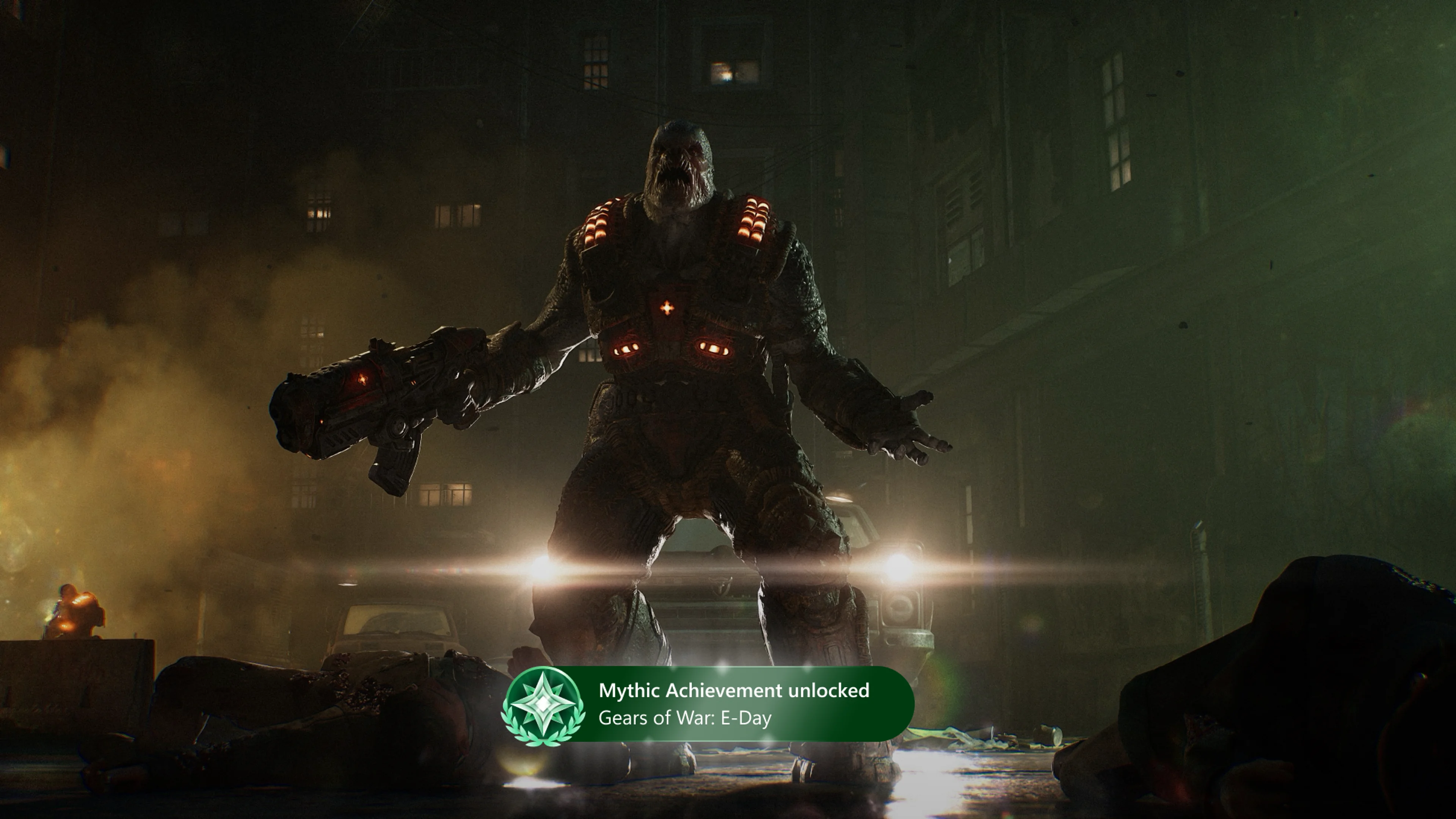 A Mythic Achievement notification appears over Gears of War E-Day gameplay.
