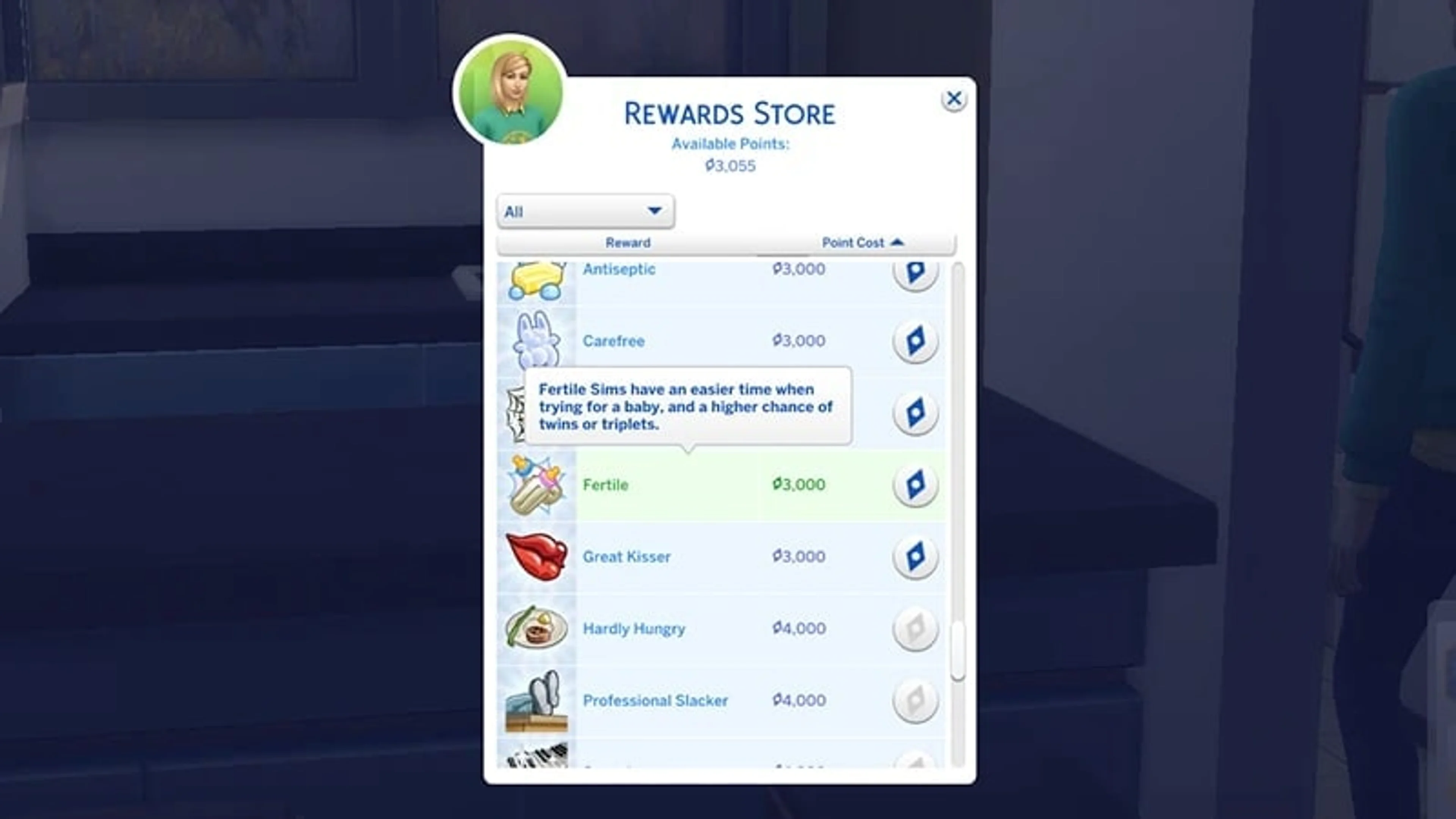 Official EA screenshot of the Rewards Store with the Fertile trait and baby-bottle icon highlighted.