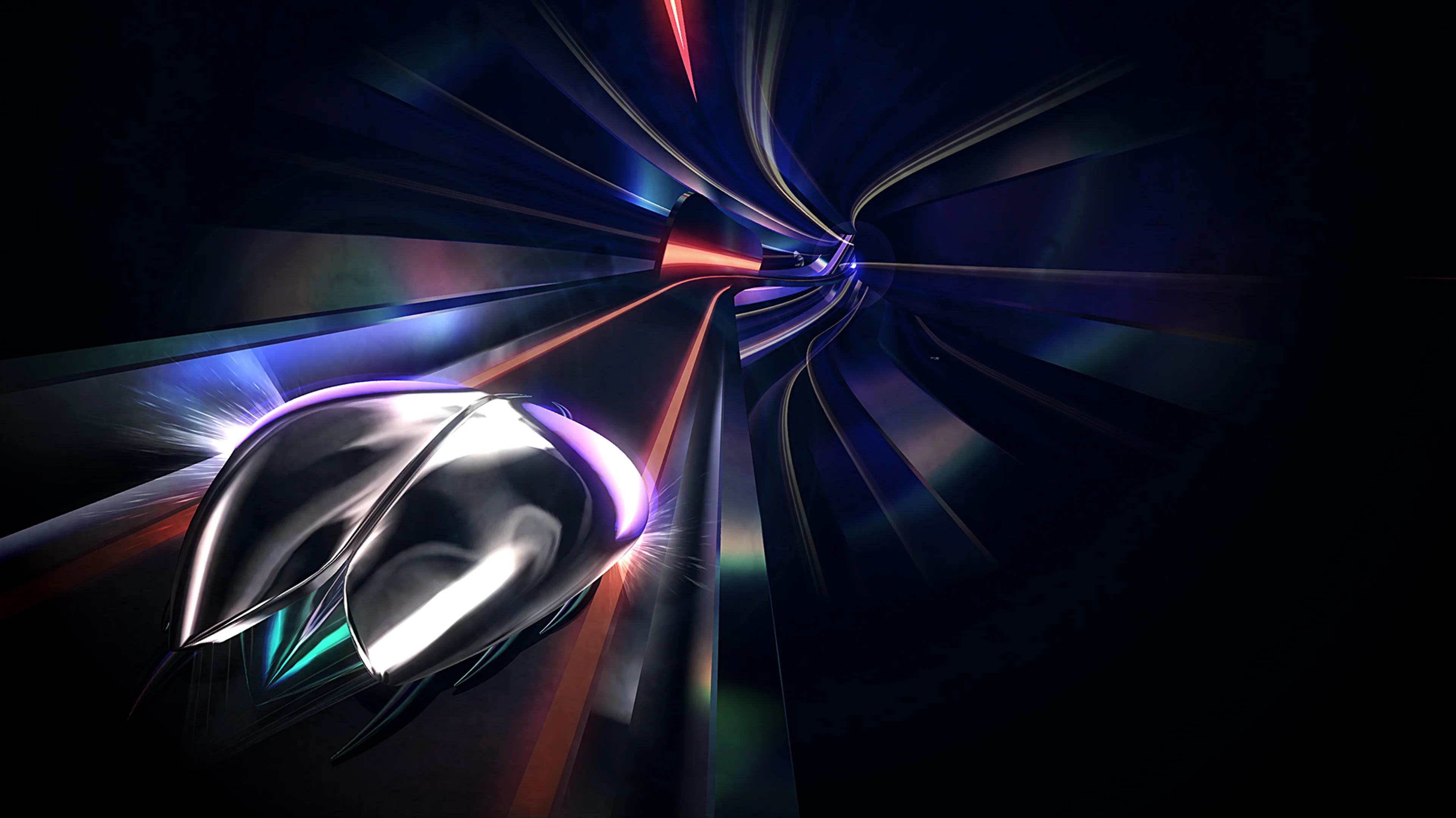 Official Thumper gameplay screenshot of the silver beetle entering a curving neon track.