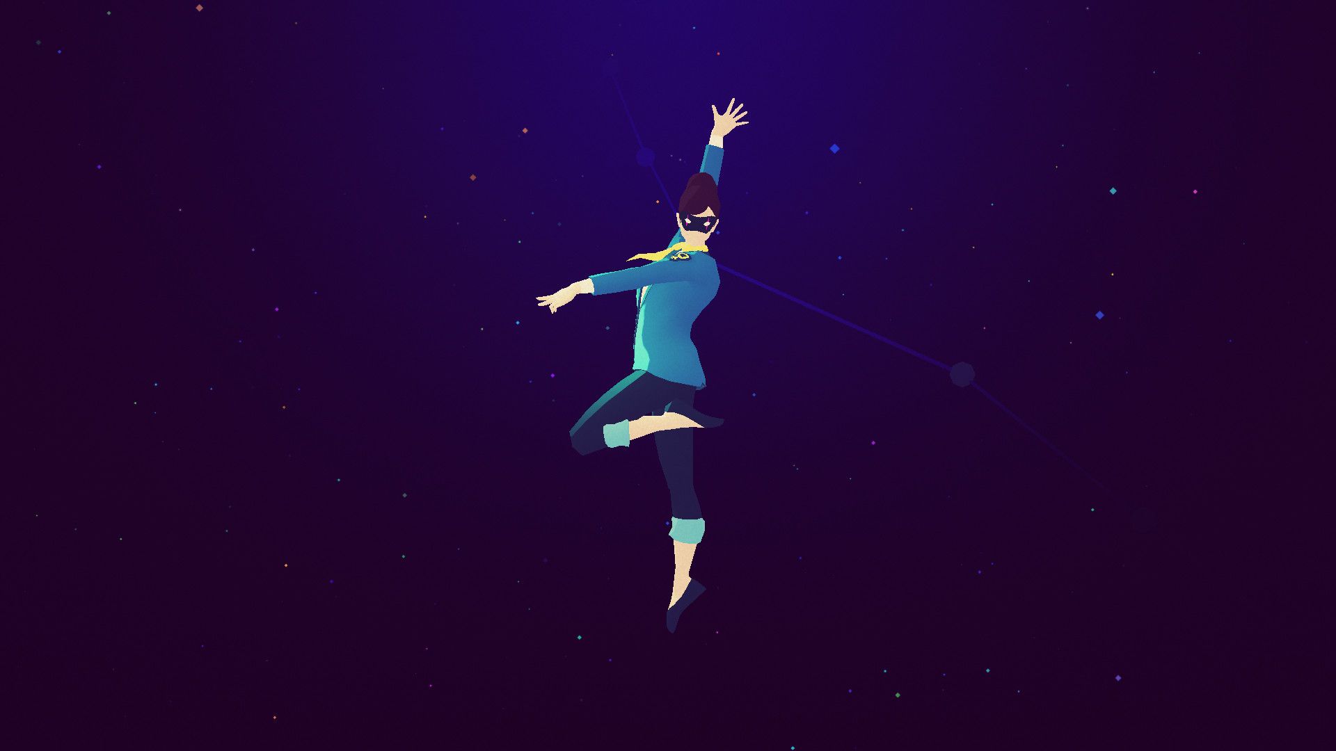 A masked figure moves through a star-filled purple scene; the game changes its action and viewpoint between songs.