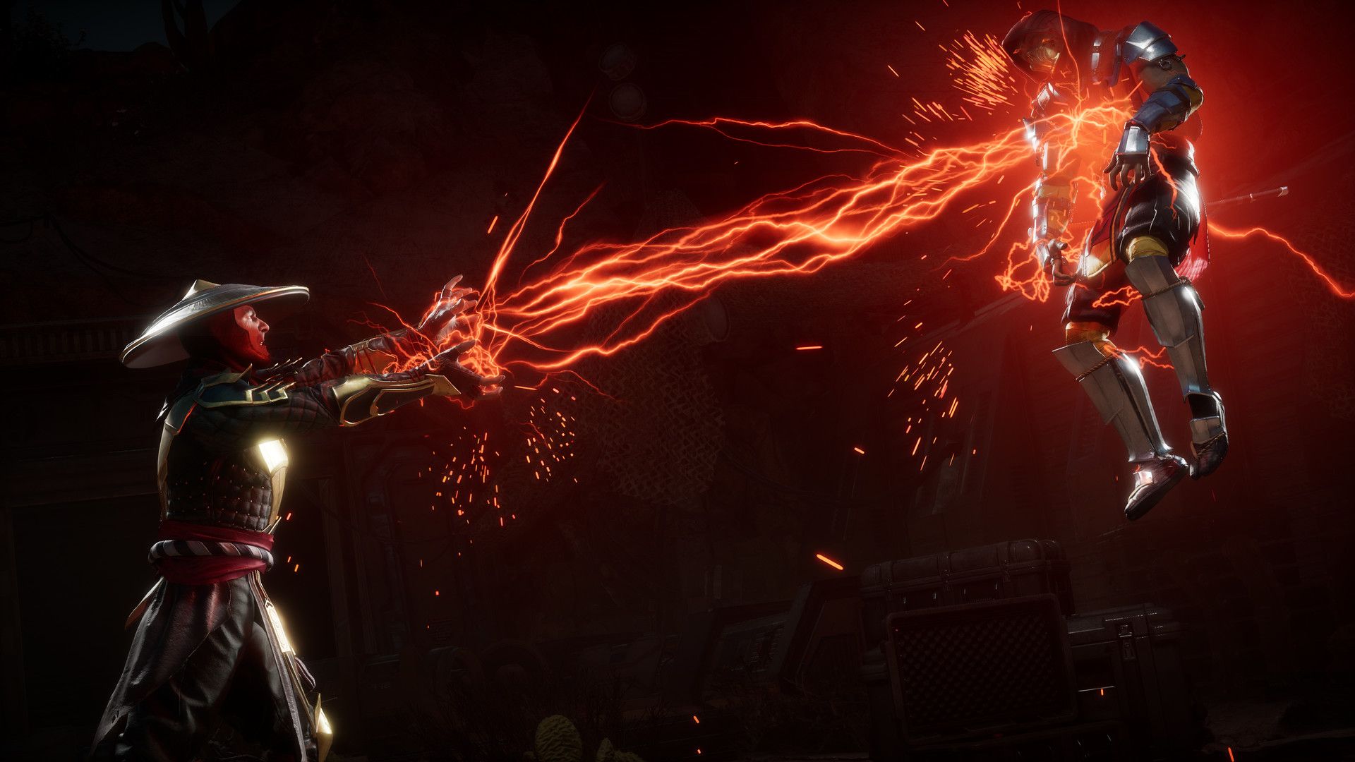 A fighter in a broad hat sends an electric attack toward an airborne opponent.
