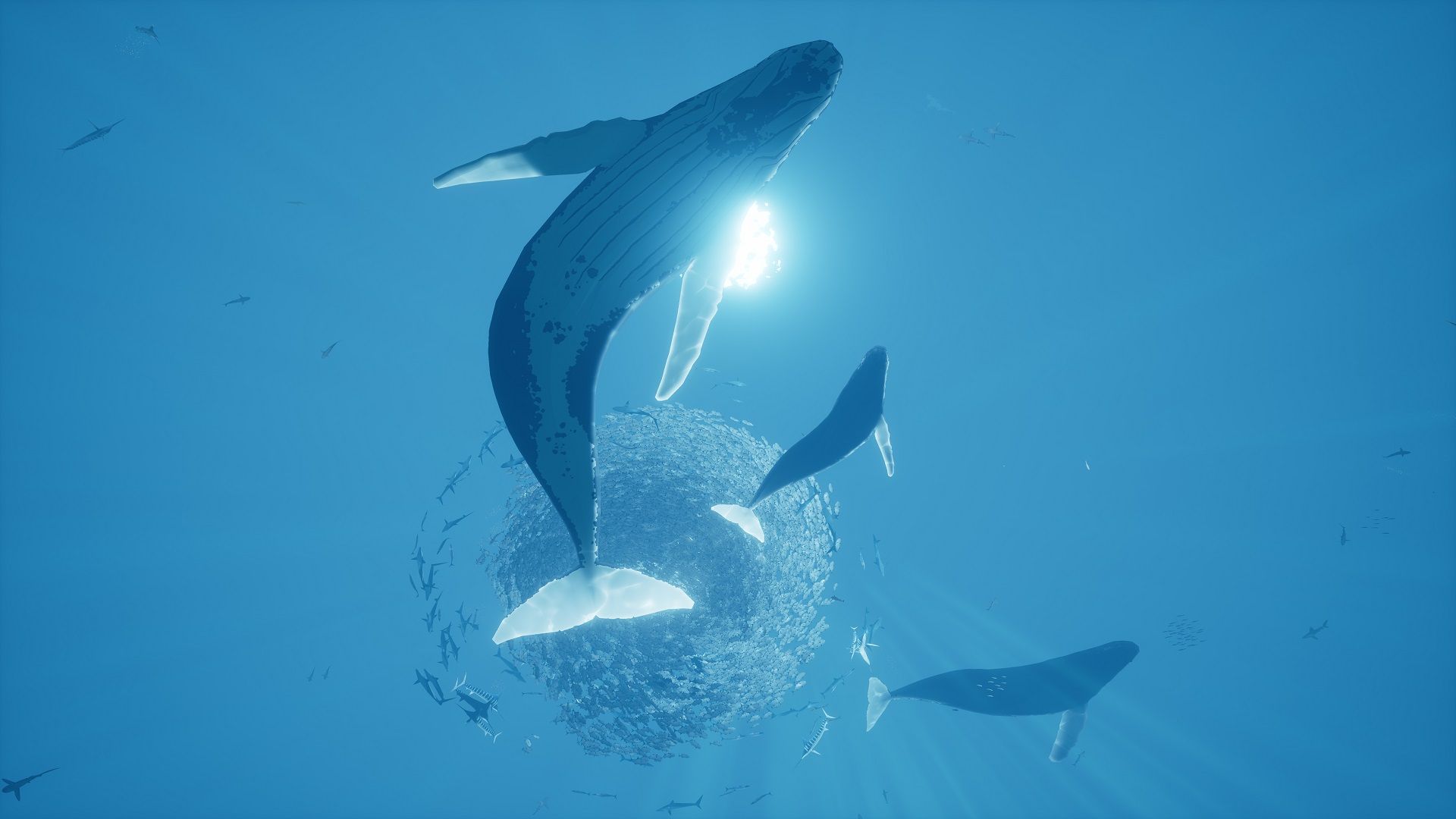 A large whale rises through pale blue water in ABZÛ.