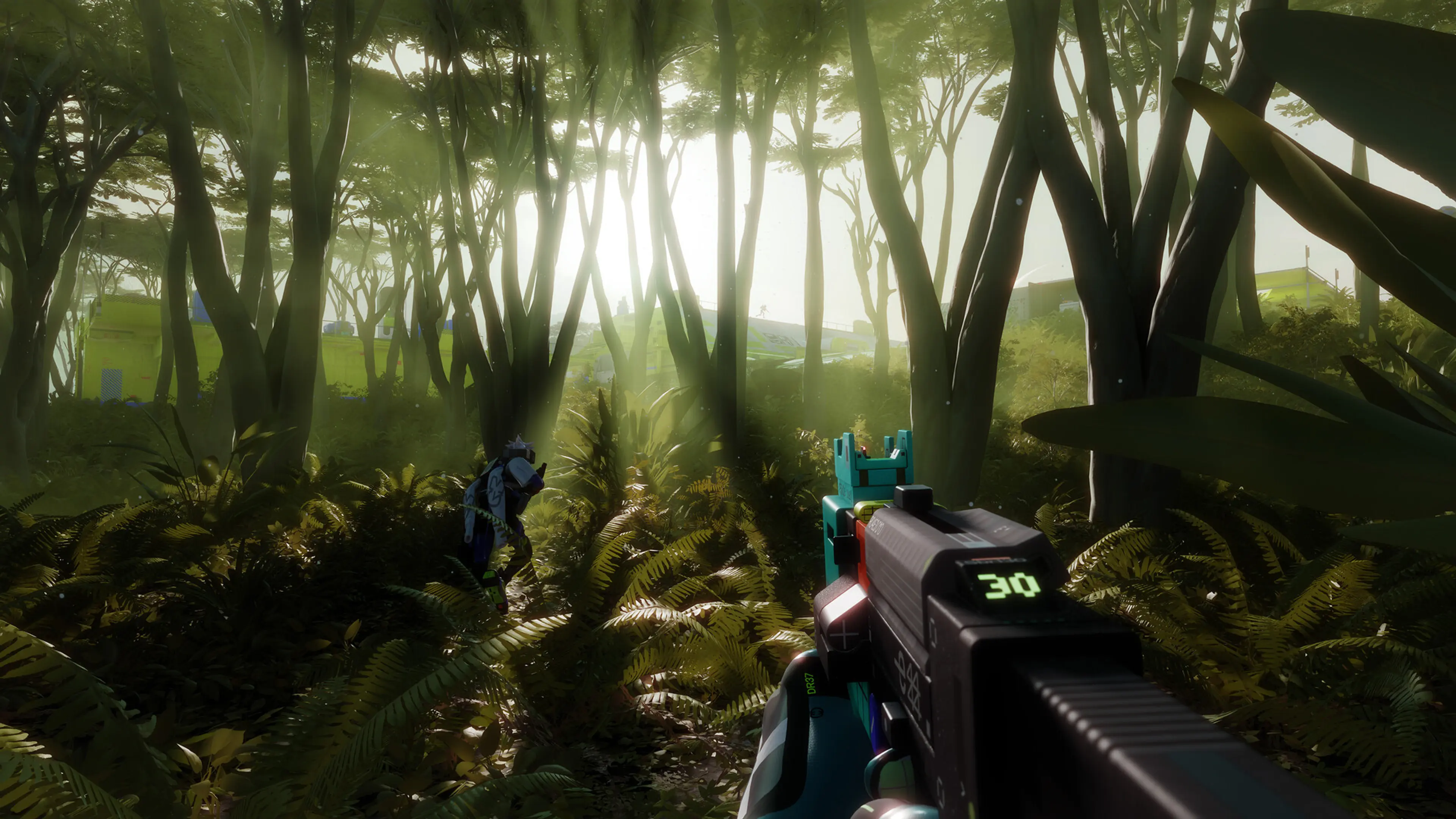 A Marathon Runner explores dense green forest under bright sunlight on Tau Ceti IV.