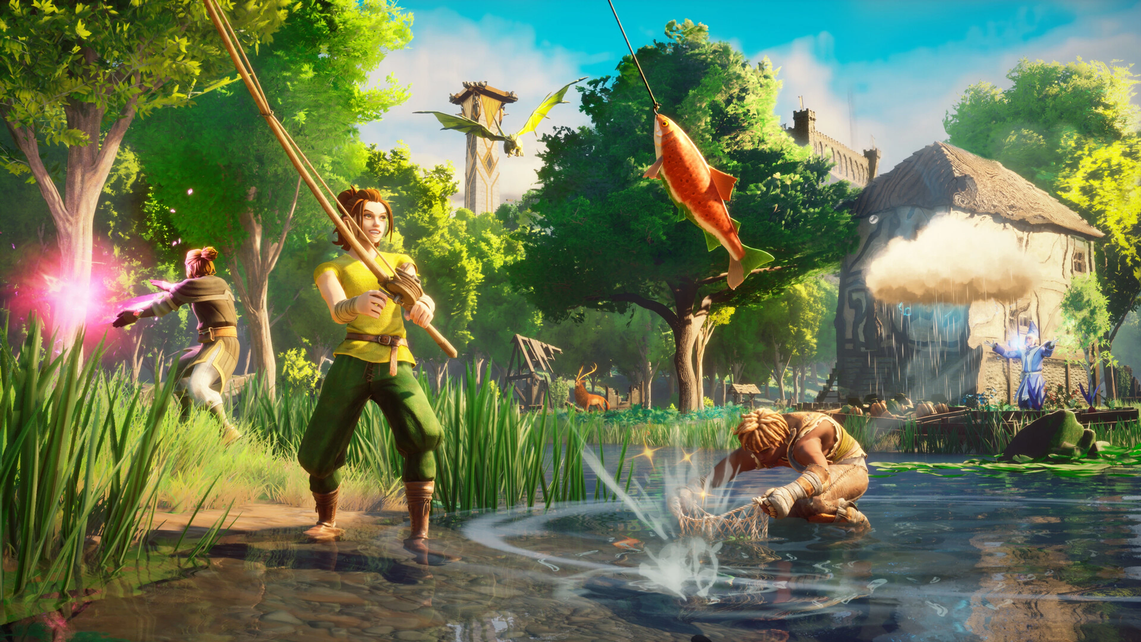 Adventurers fishing beside a settlement in RuneScape: Dragonwilds.