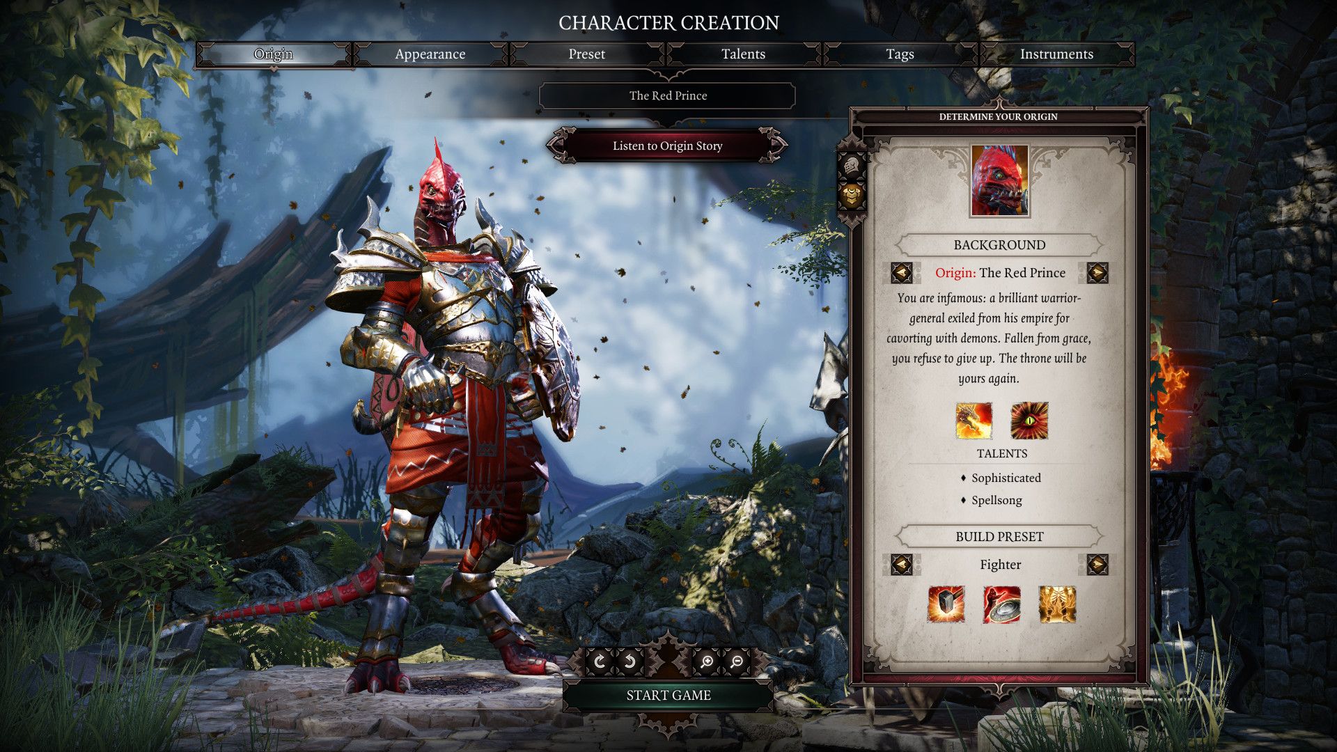 Character creation screen displays a fantasy hero beside race and Origin choices.