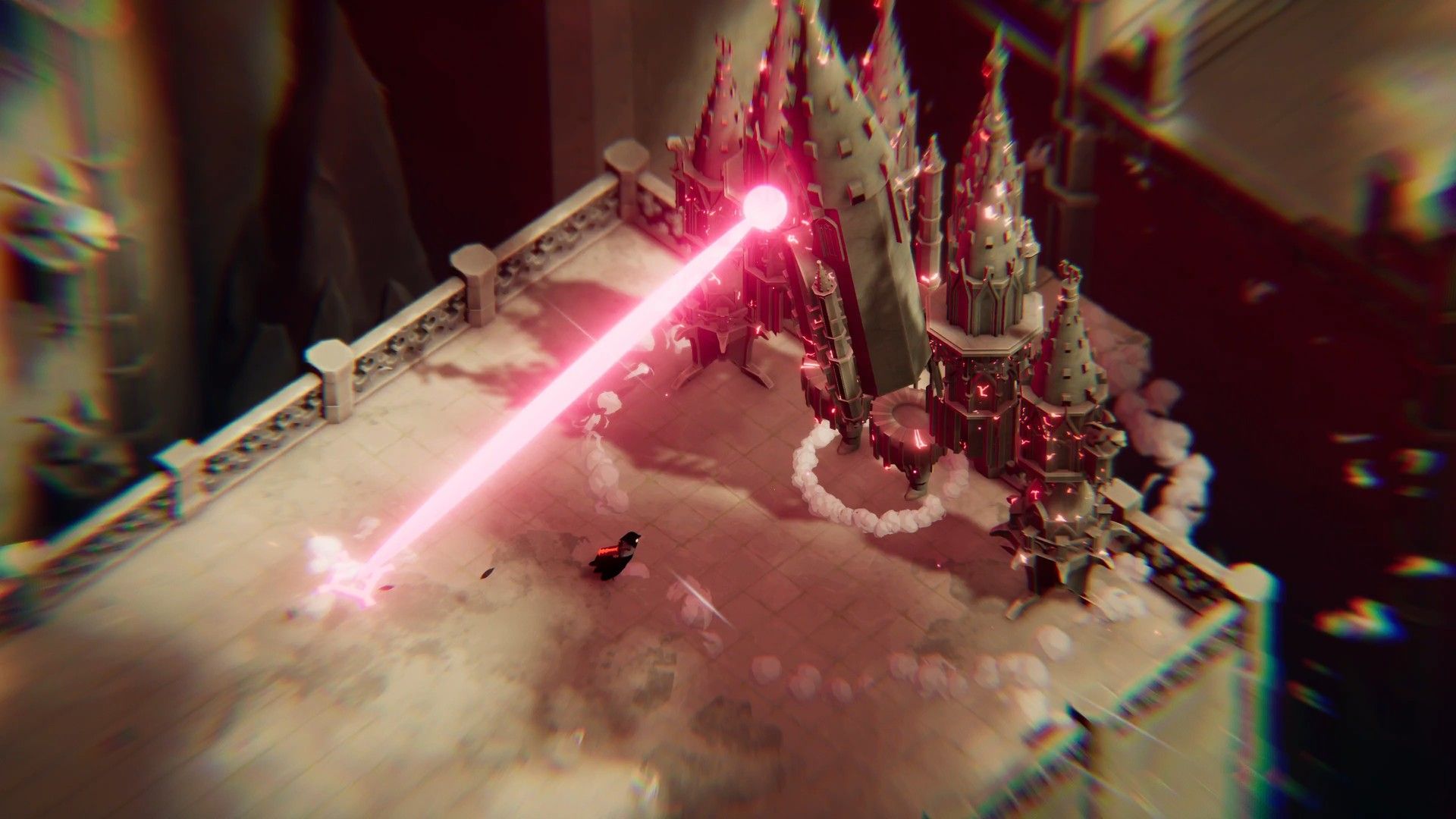 The crow fights a large creature firing a pink beam.