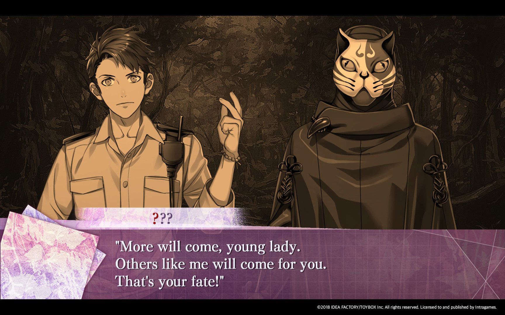 A masked figure and another character stand on a wooded path in 7'scarlet.