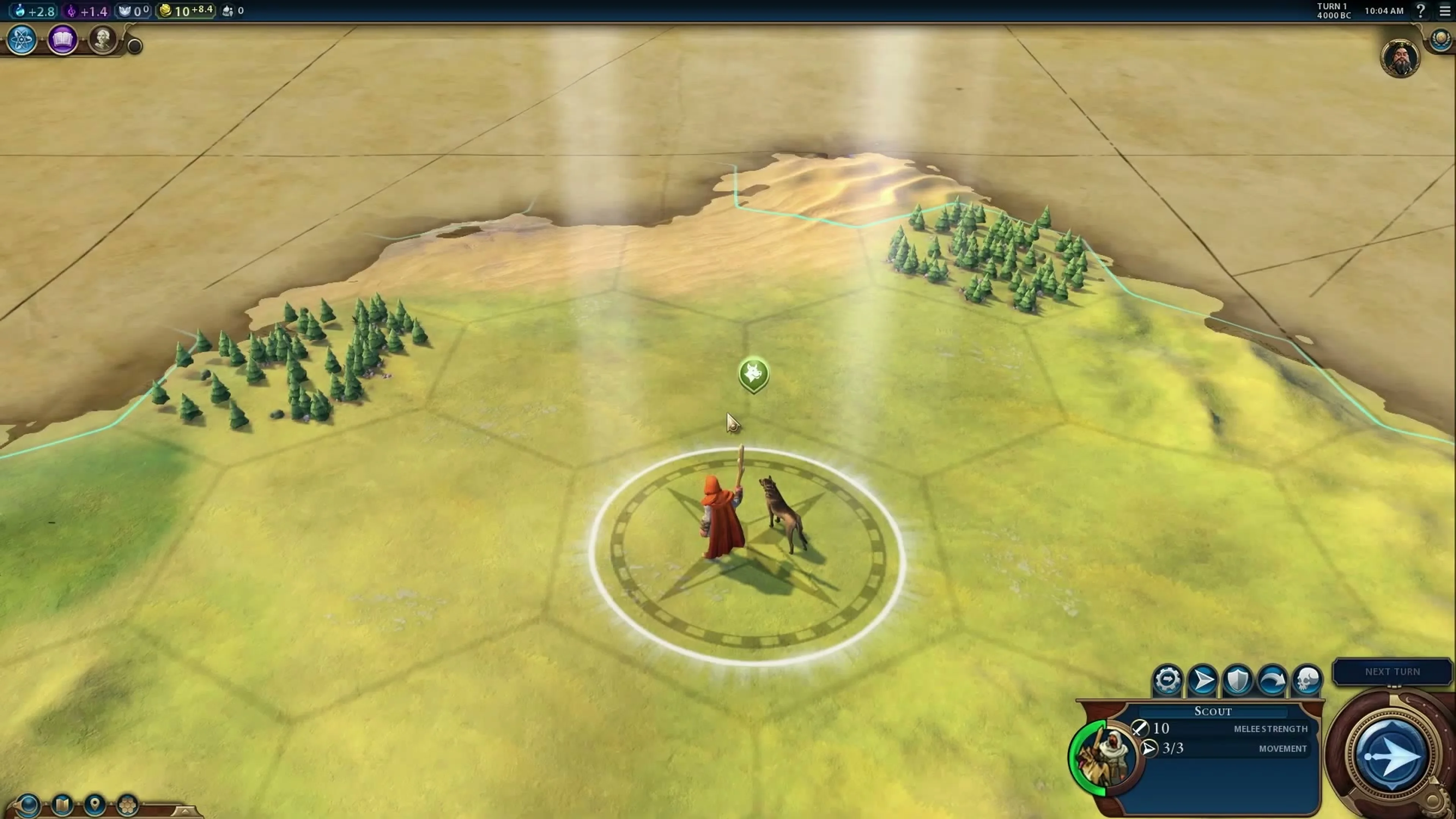 Selected Scout with a travel staff and animal companion, showing three of three movement in the unit panel.