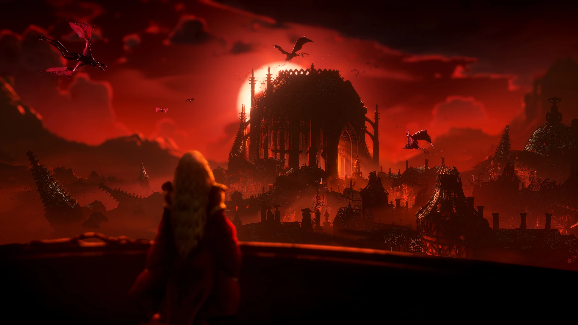 A lone character looks across a red-lit city in No Rest for the Wicked.