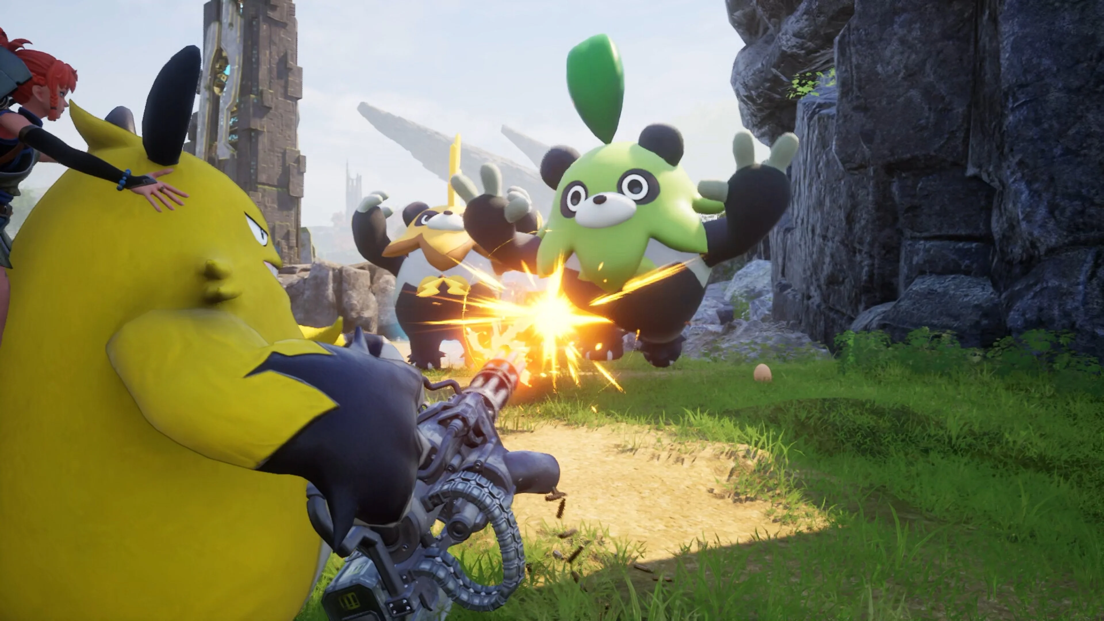 A Palworld player and several Pals fire weapons during a large outdoor battle