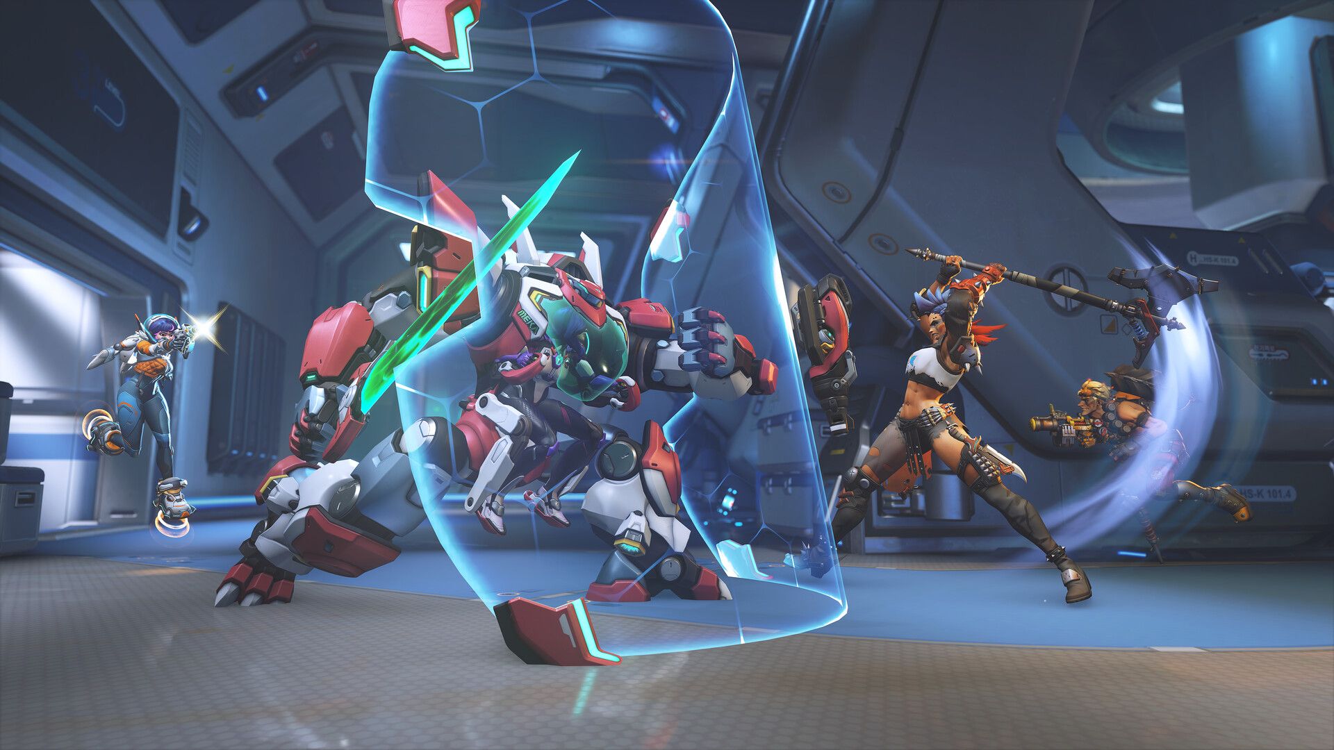 Overwatch heroes fight inside a futuristic facility, with a large mech shielding the team.