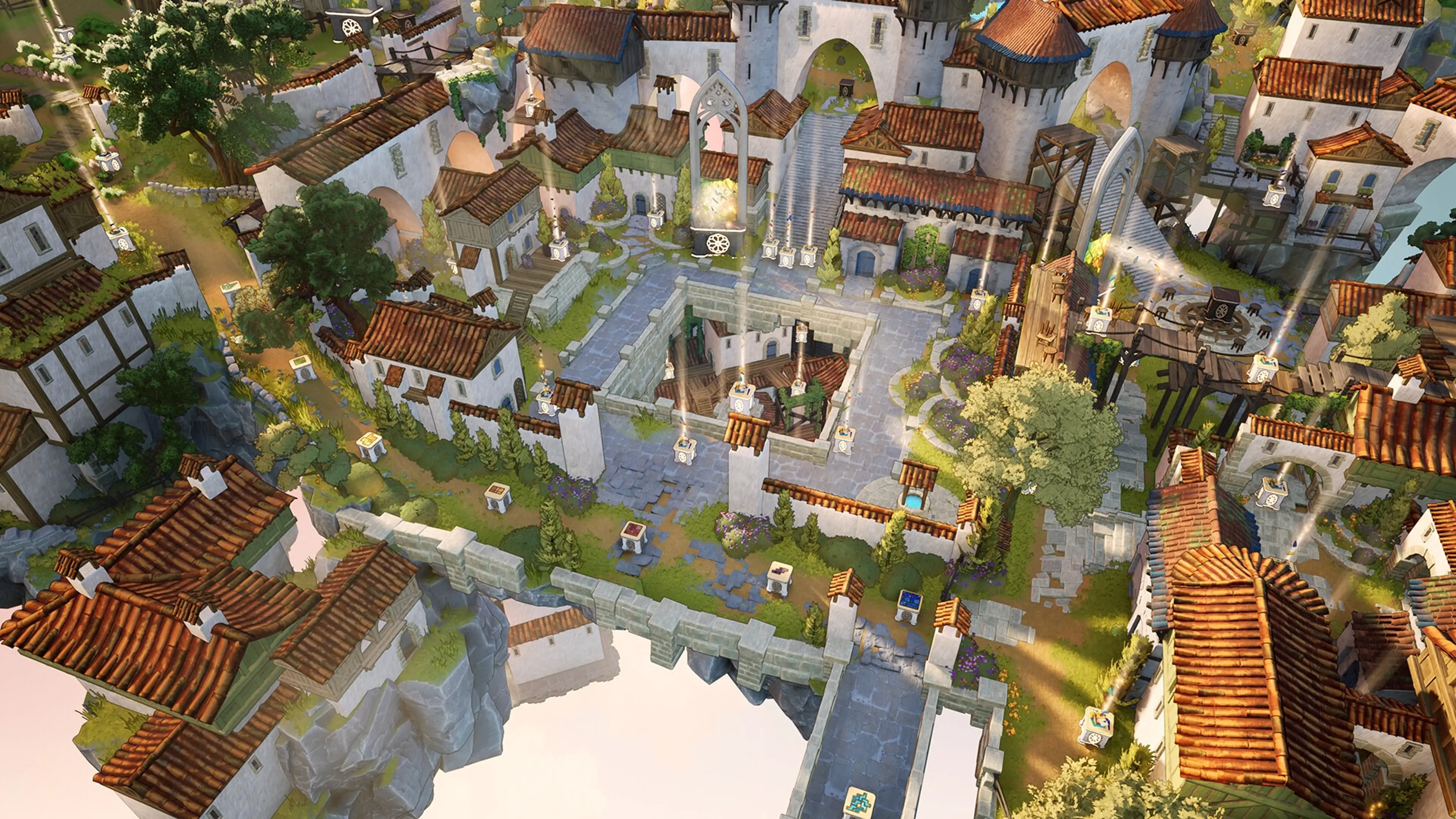 An aerial view shows white stone buildings, waterways and gardens across the kingdom of Glimmith.