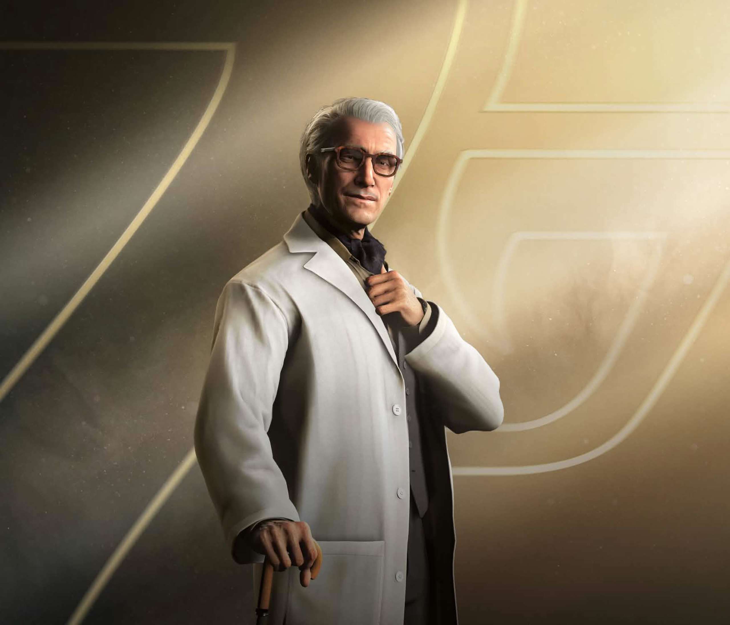 Game-character portrait of Q wearing glasses and a white laboratory coat.
