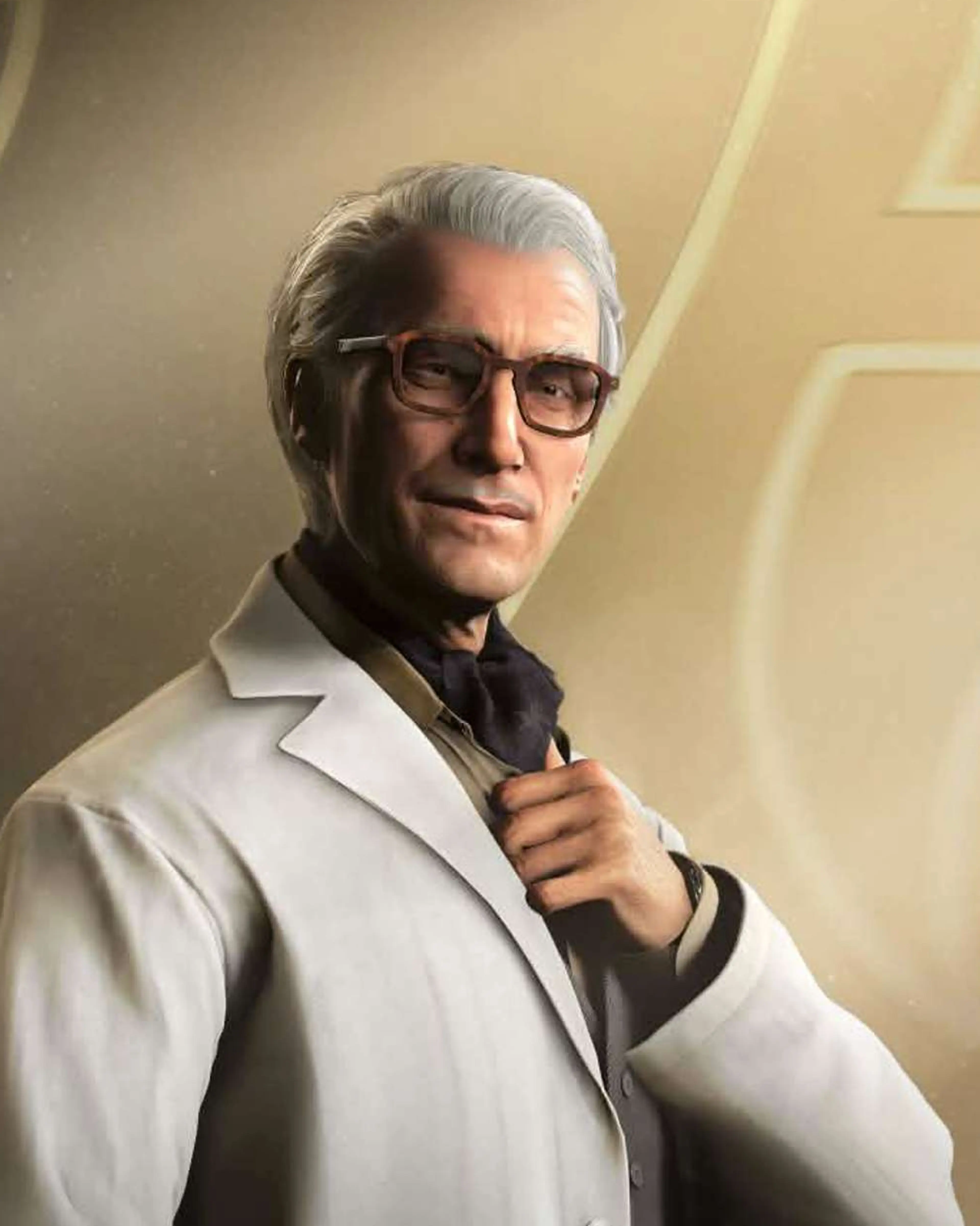 Game-character portrait of Q wearing glasses and a white laboratory coat.