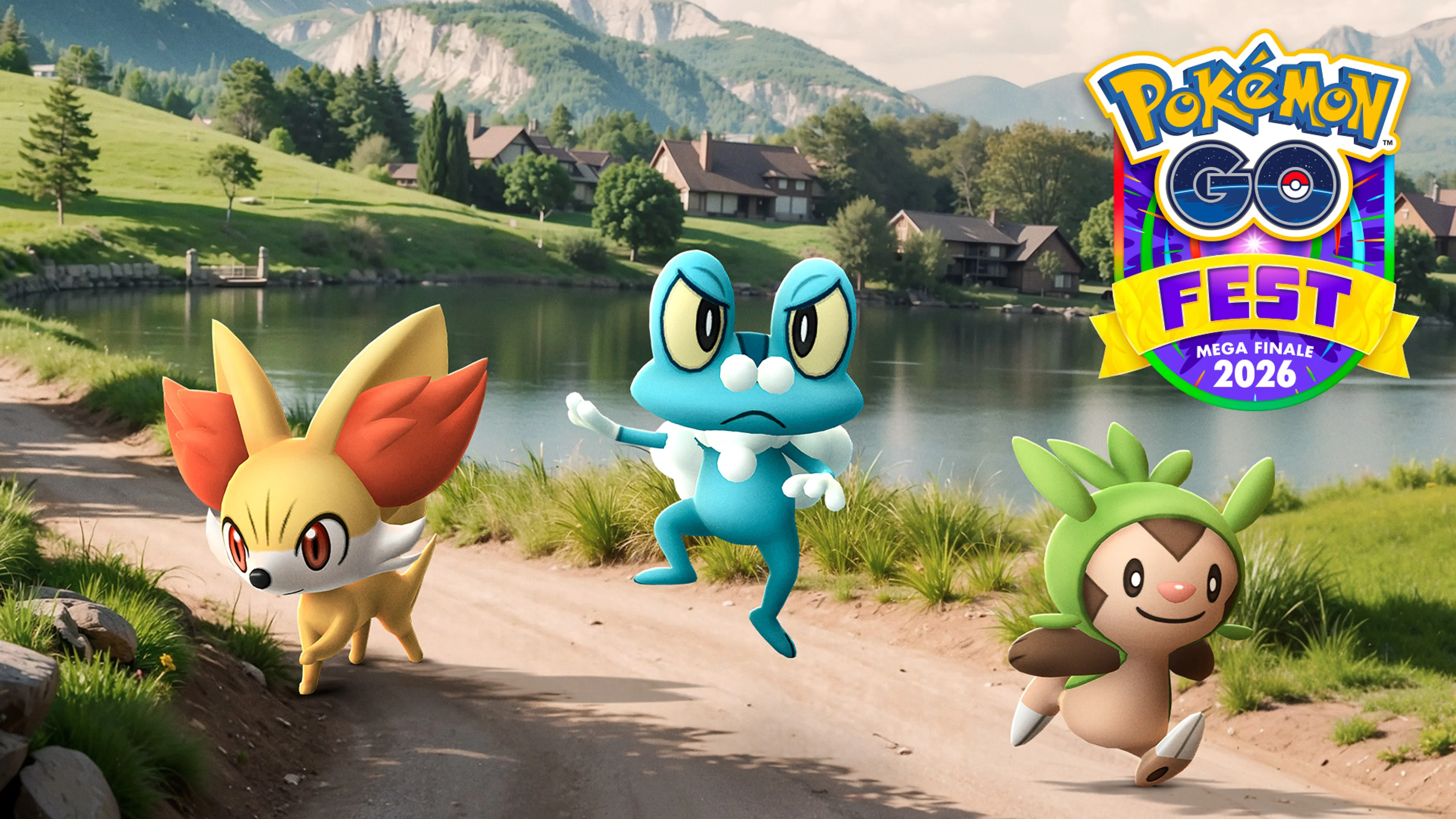 Fennekin, Froakie, and Chespin run along a mountain path in Pokémon GO Fest 2026 artwork.
