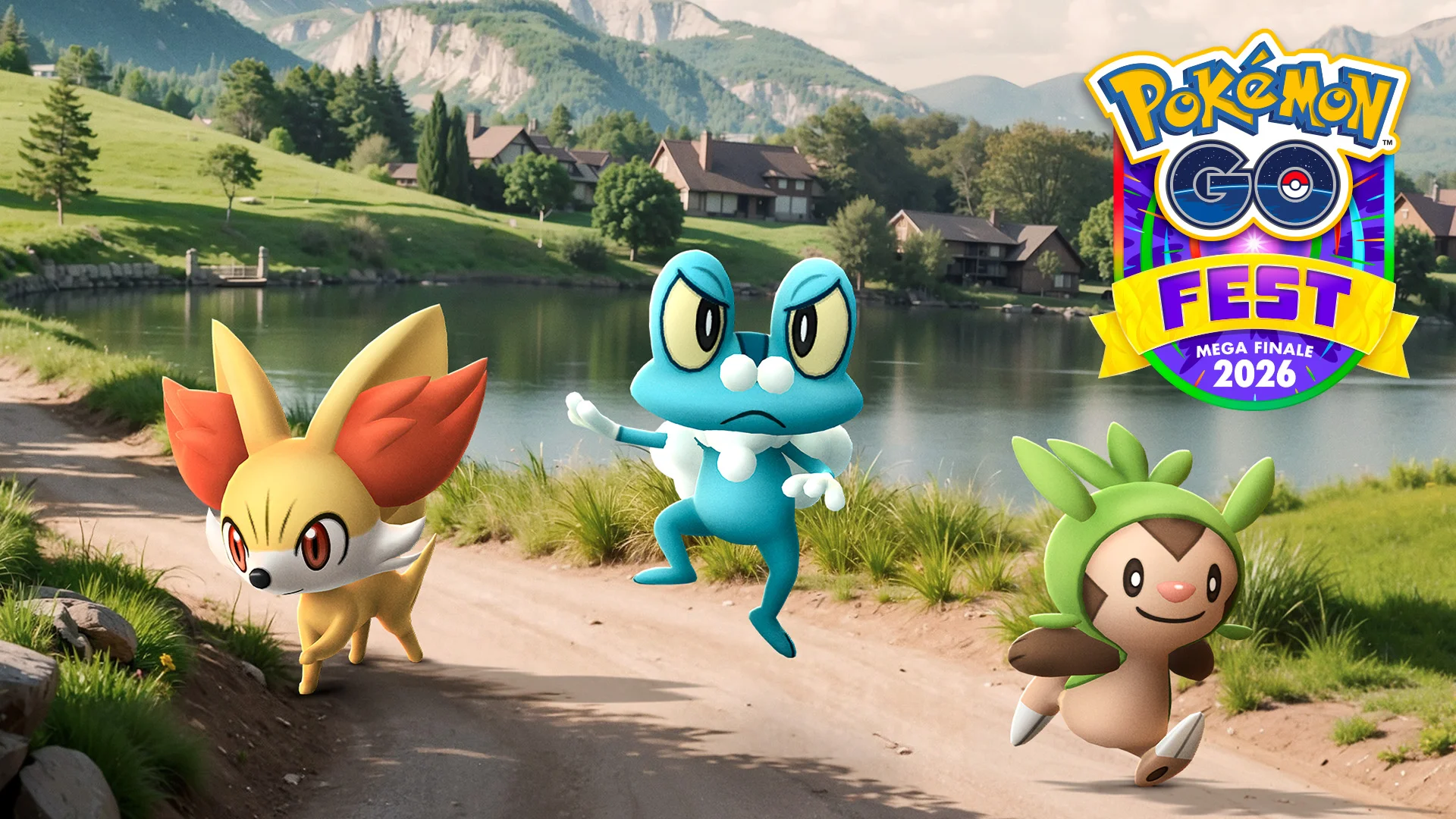 Fennekin, Froakie, and Chespin run along a mountain path in Pokémon GO Fest 2026 artwork.