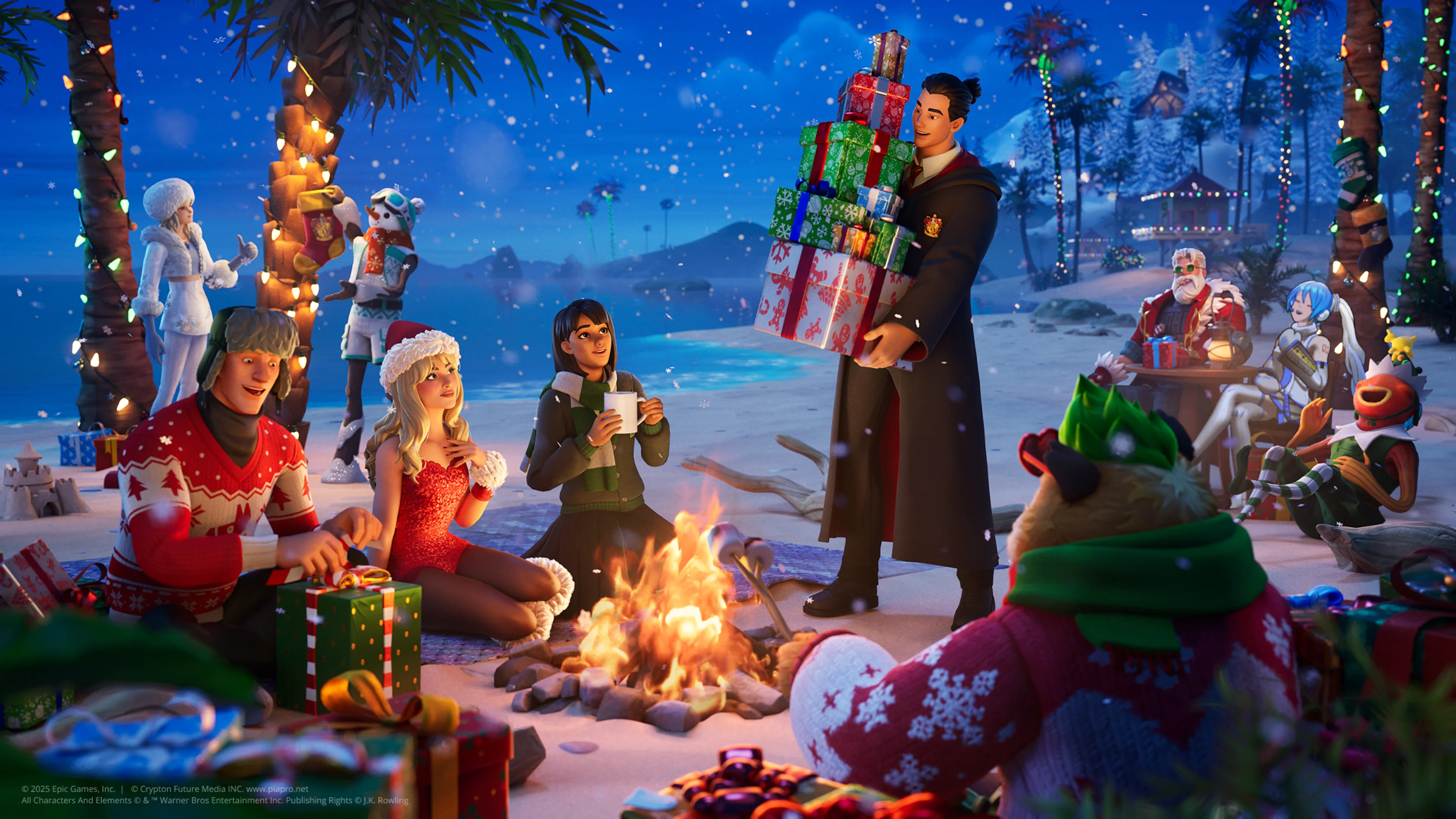 A large group of Fortnite characters gathered around a campfire