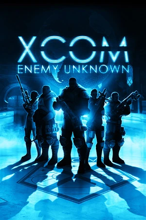 Official XCOM: Enemy Unknown cover: an armed squad stands under the glowing blue game logo.