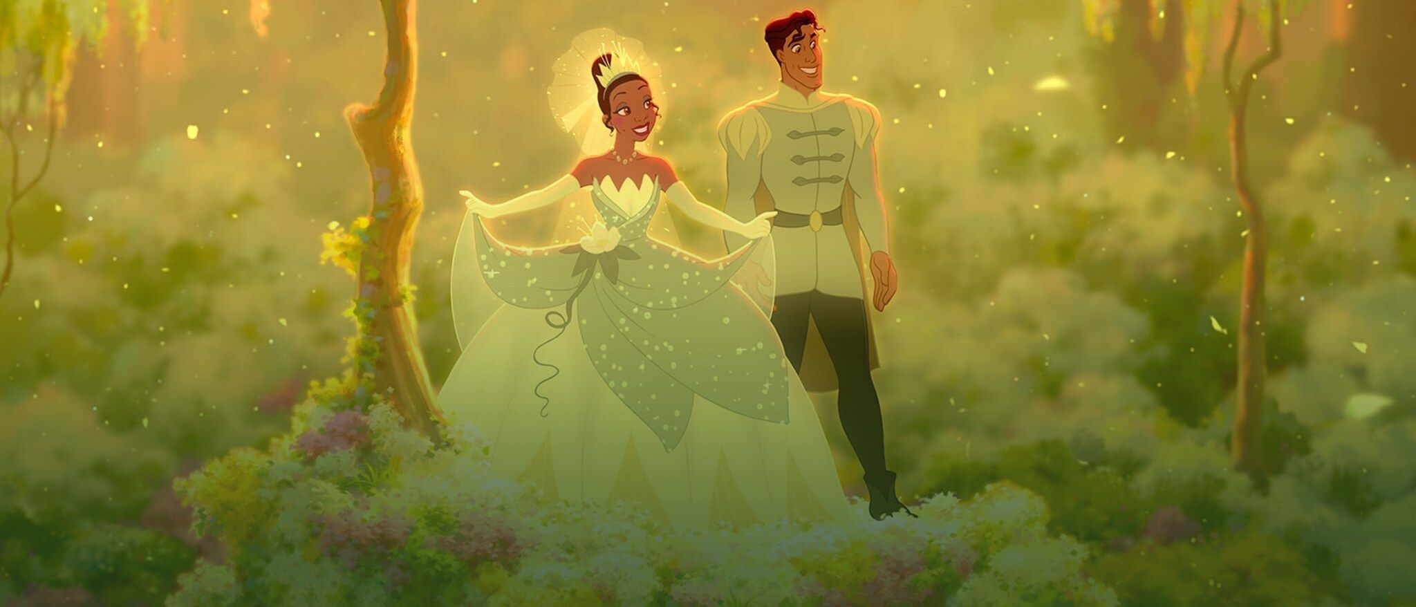 Official Disney banner image for The Princess and the Frog featuring Tiana and Naveen.