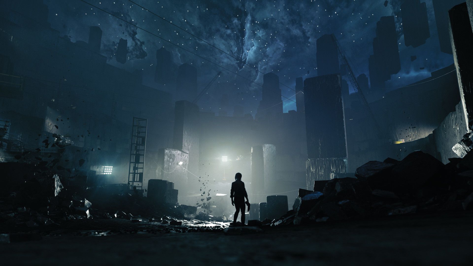 Jesse stands in a vast, dark hall inside the Oldest House.