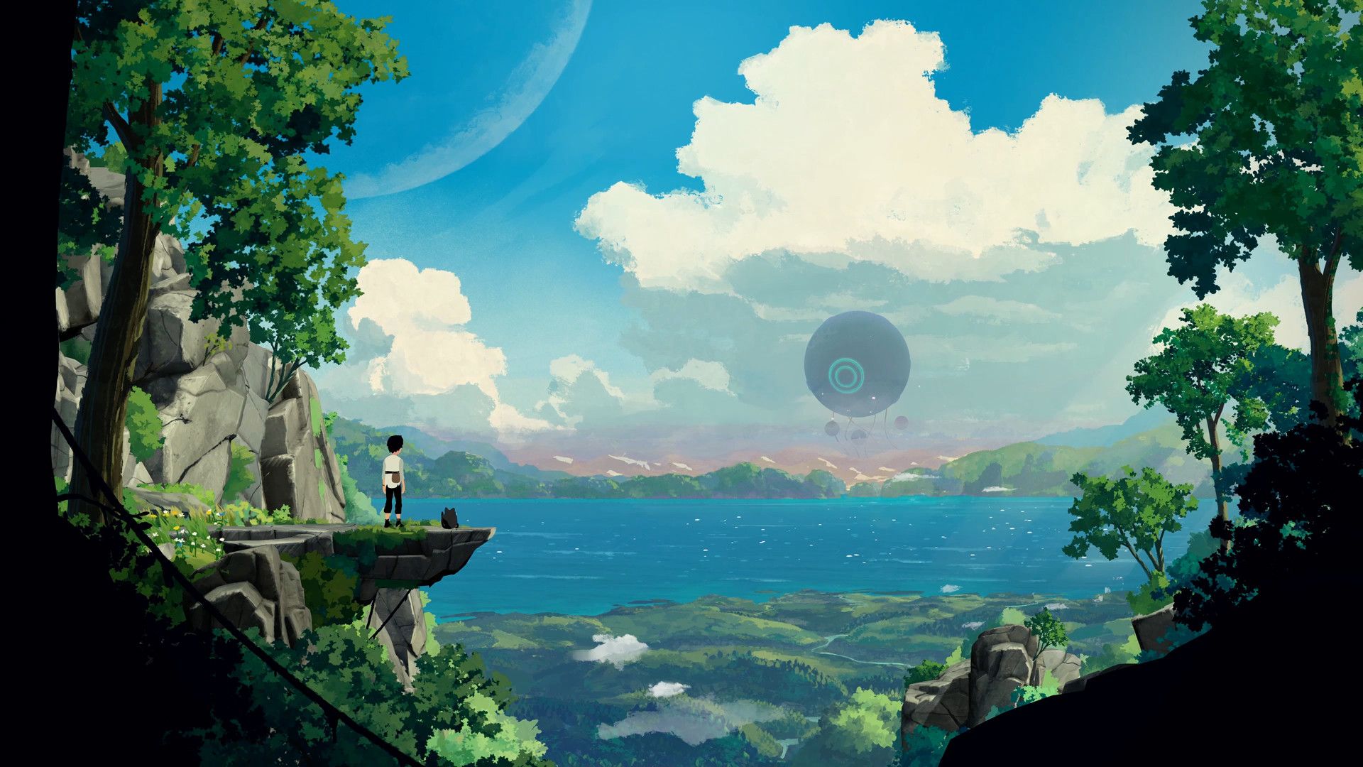 Lana stands above blue water beneath a large moon in Planet of Lana.