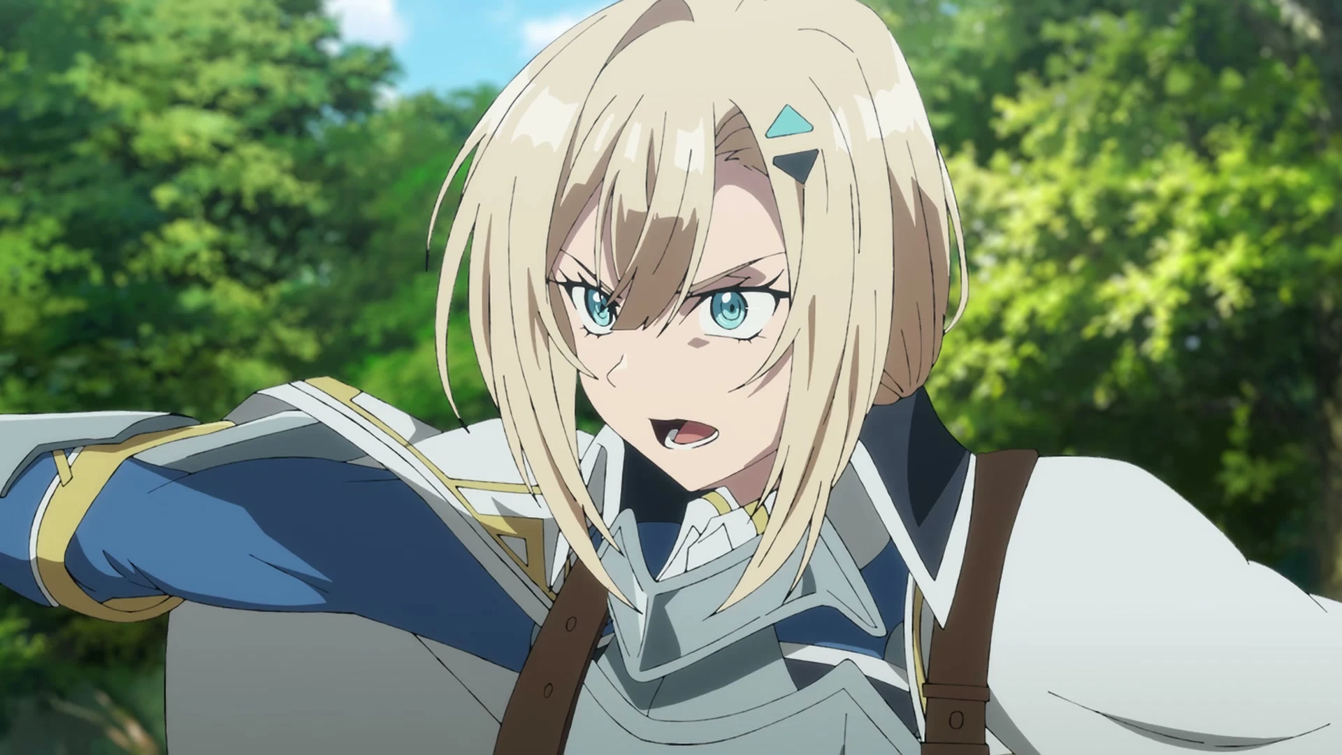 Romelia charges forward in armor with a forest behind her.