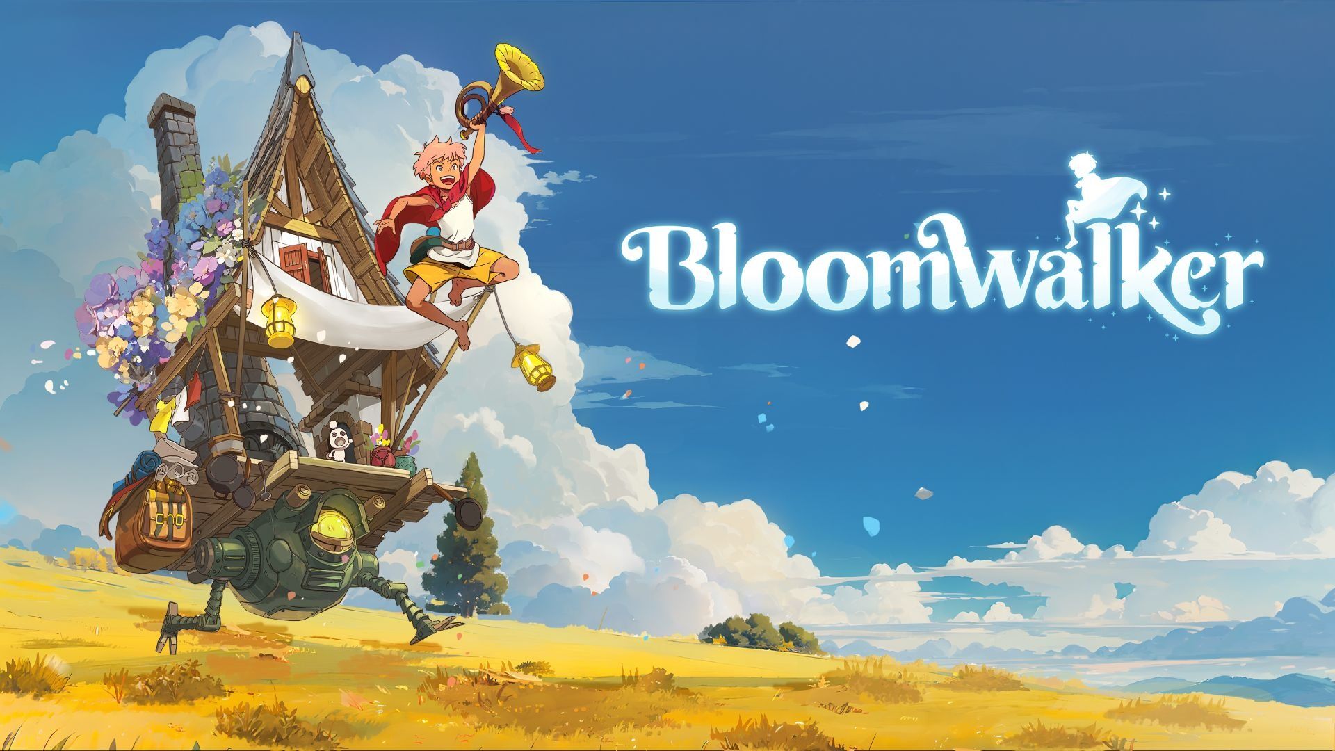 Official Bloomwalker artwork shows a traveler riding a moving house across a bright field.