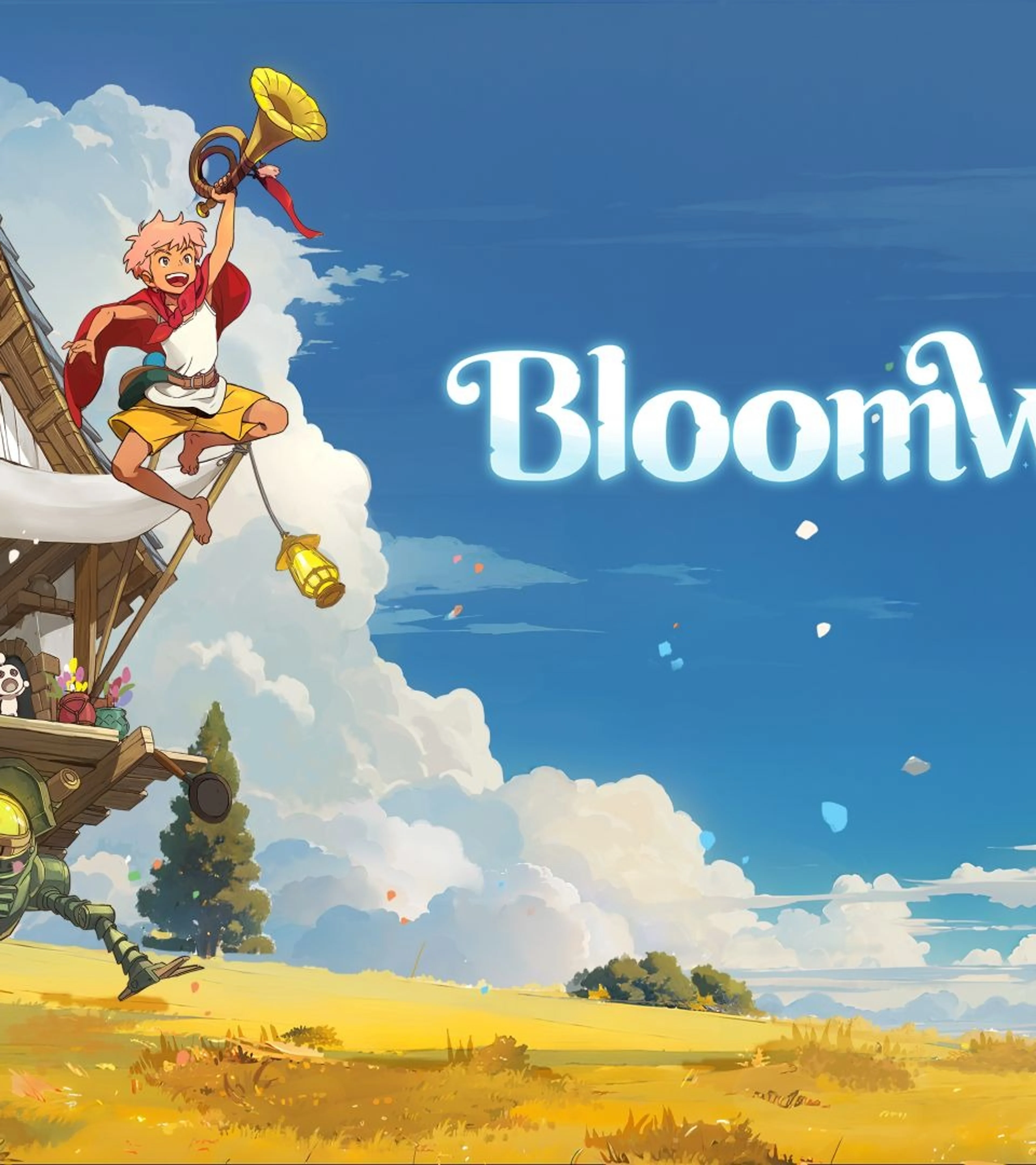 Official Bloomwalker artwork shows a traveler riding a moving house across a bright field.