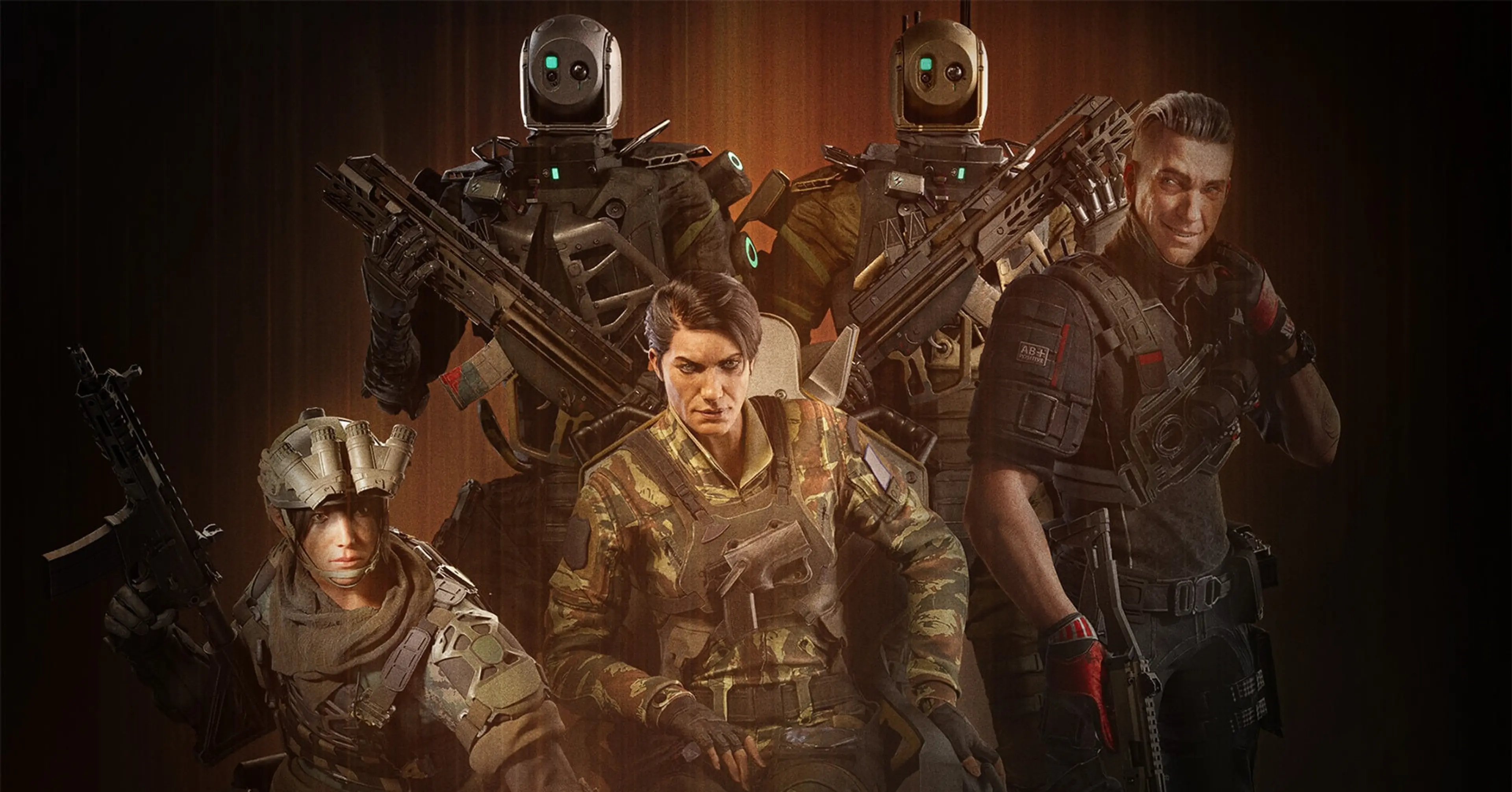 Five Rainbow Six Siege operators pose together against a dark amber background.