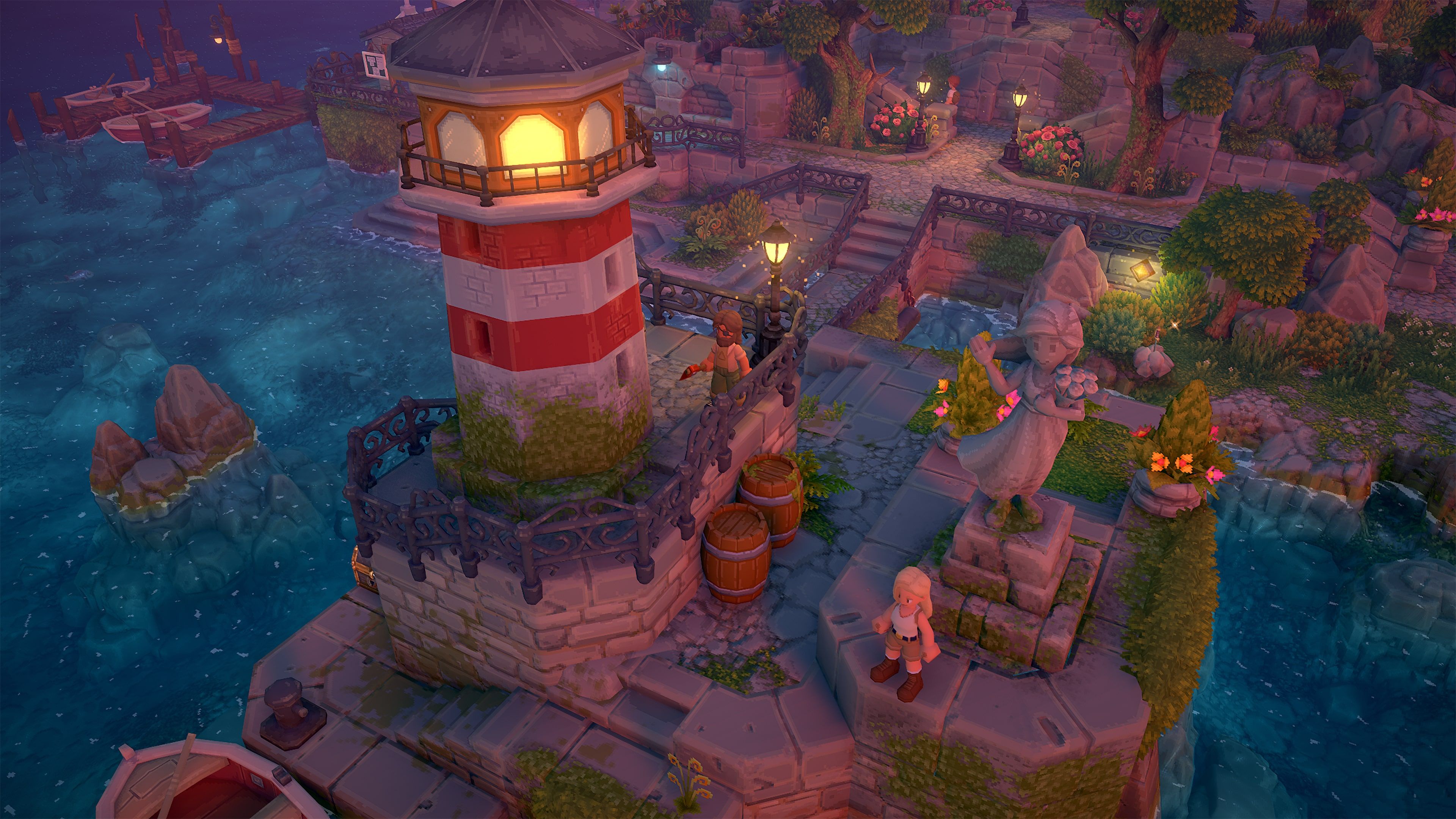 Luma Island lighthouse and village at night.