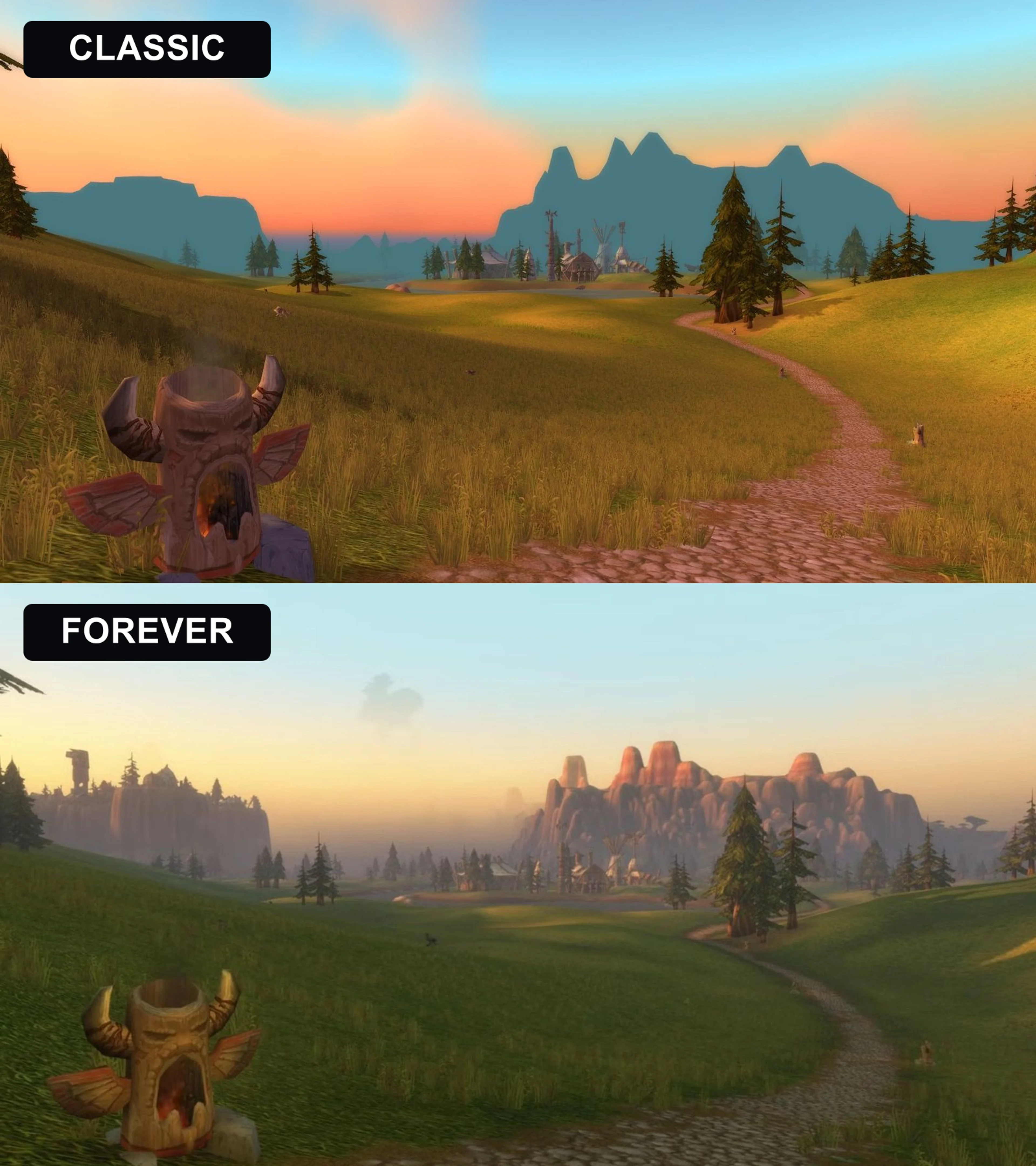 WoW Classic on top and WoW Forever below showing the same landscape at sunset.