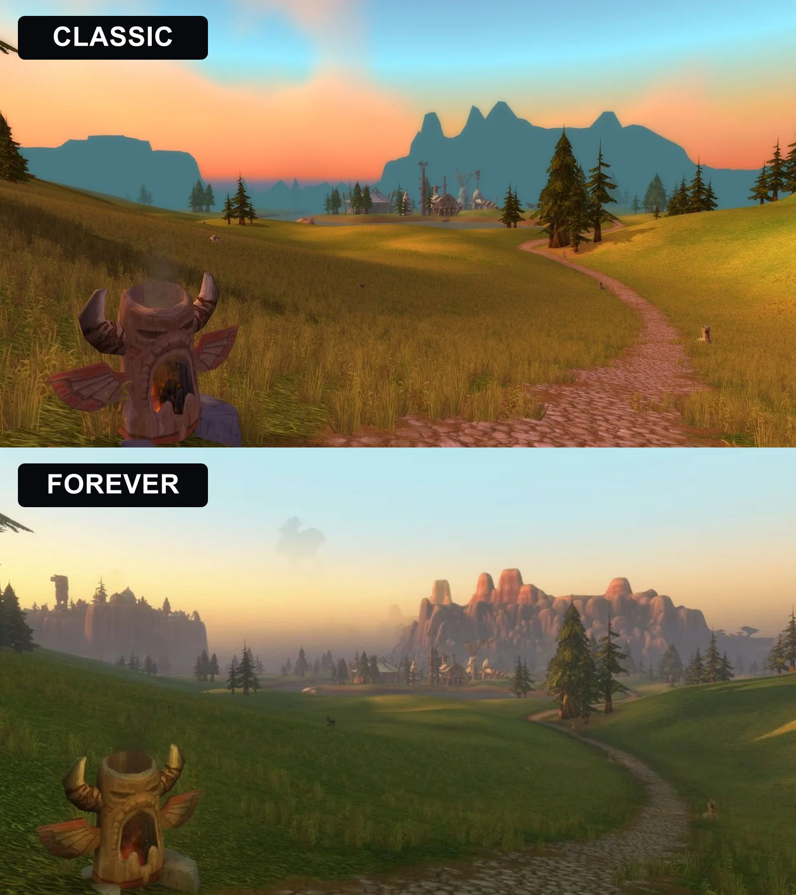 WoW Classic on top and WoW Forever below showing the same landscape at sunset.