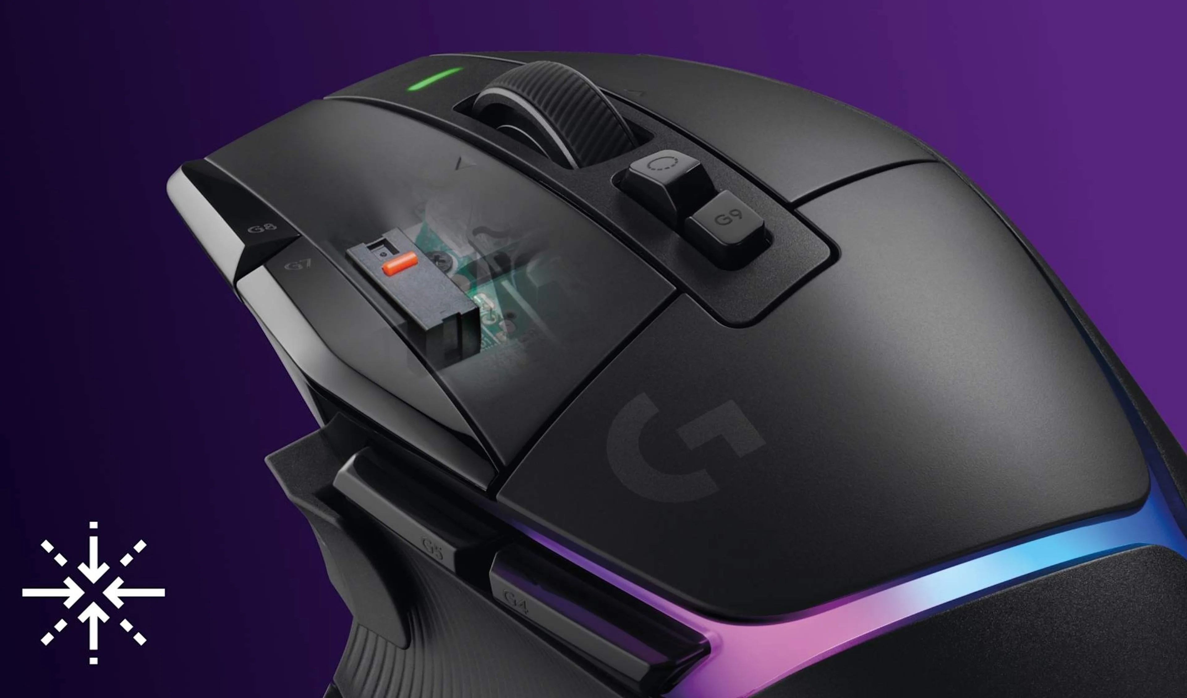 Logitech cutaway illustration showing the LIGHTFORCE switch inside a G502 X Plus