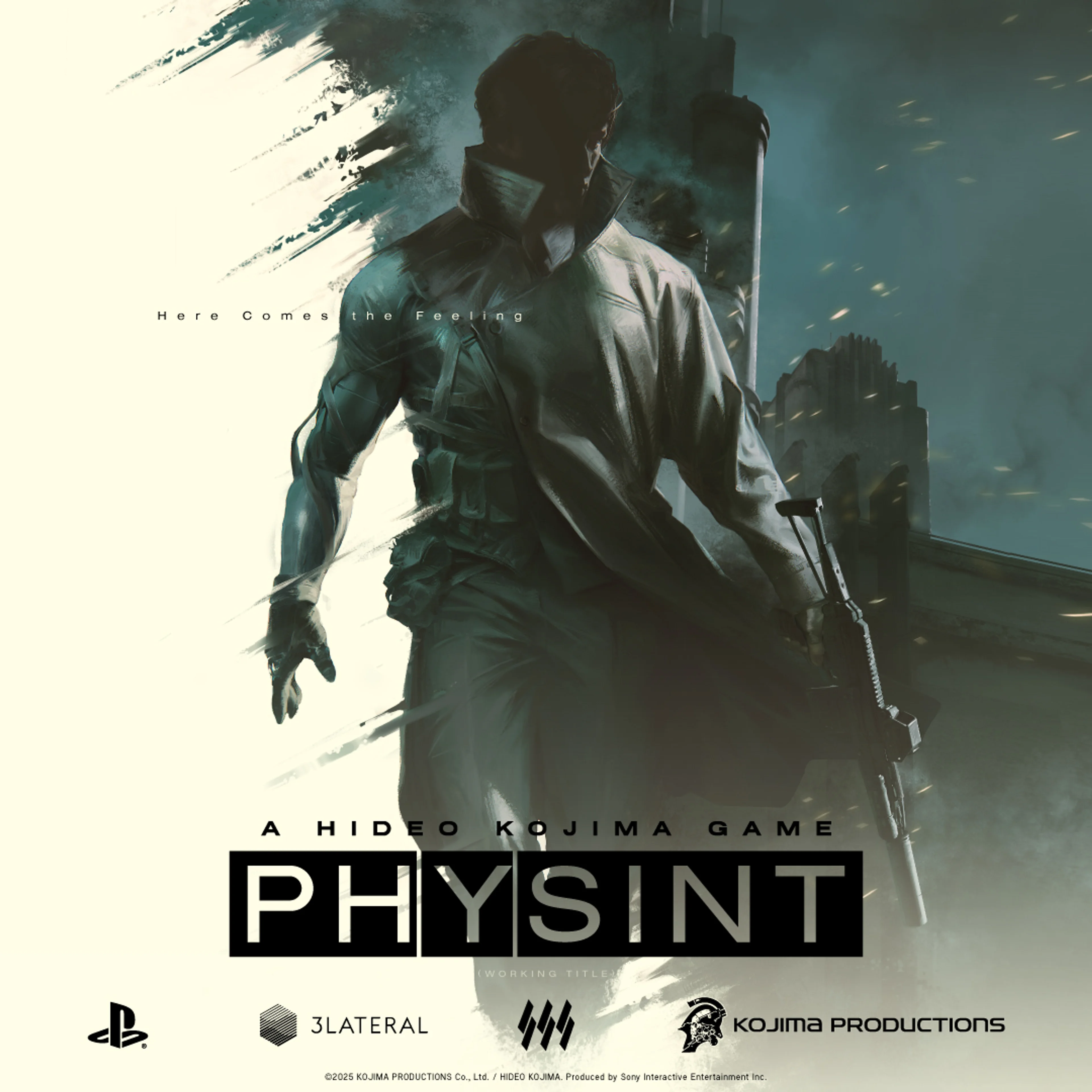 A shadowed PHYSINT character in a coat carries a firearm against a pale and teal city backdrop.