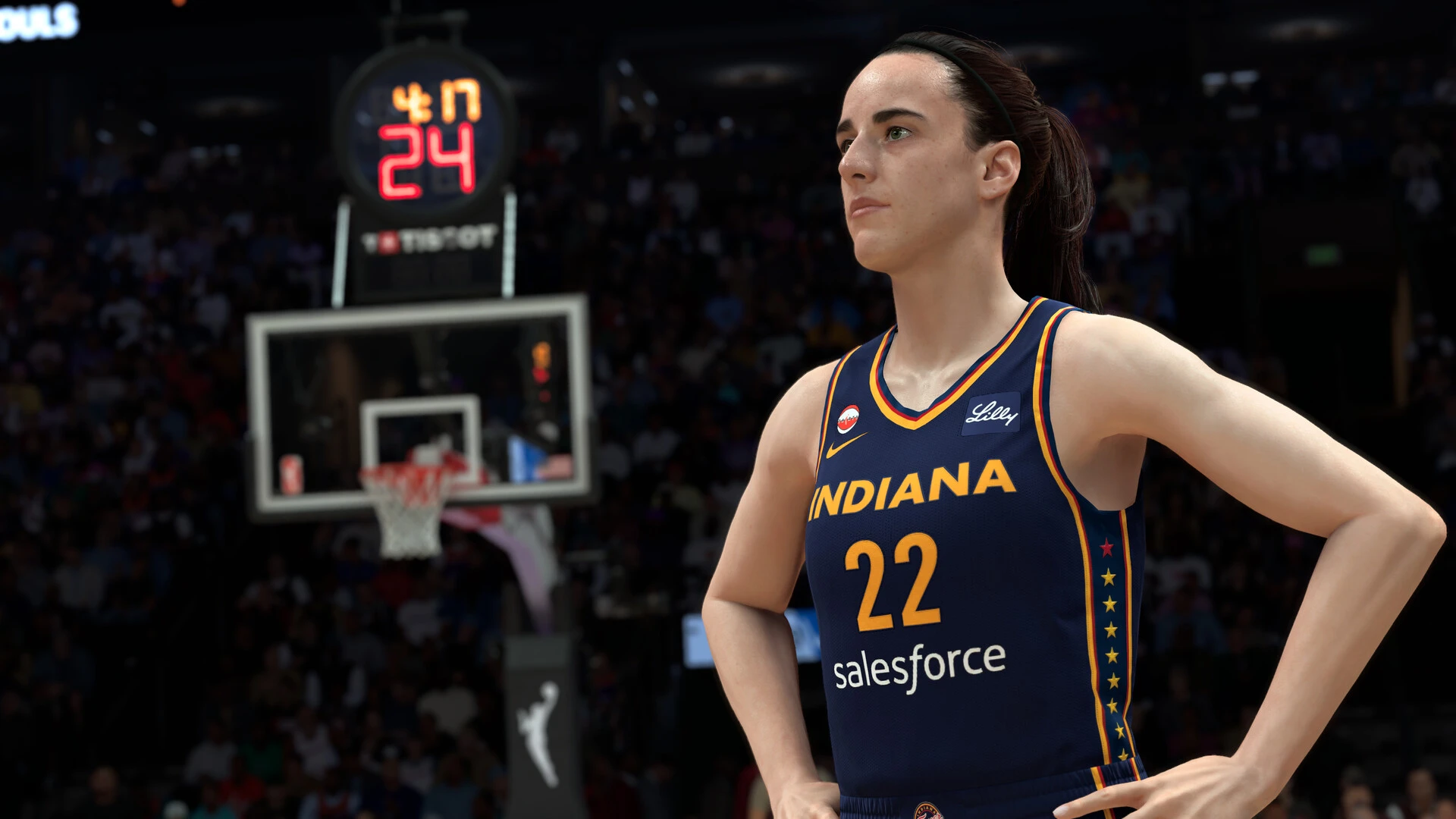 Caitlin Clark stands courtside in an Indiana uniform in NBA 2K27.