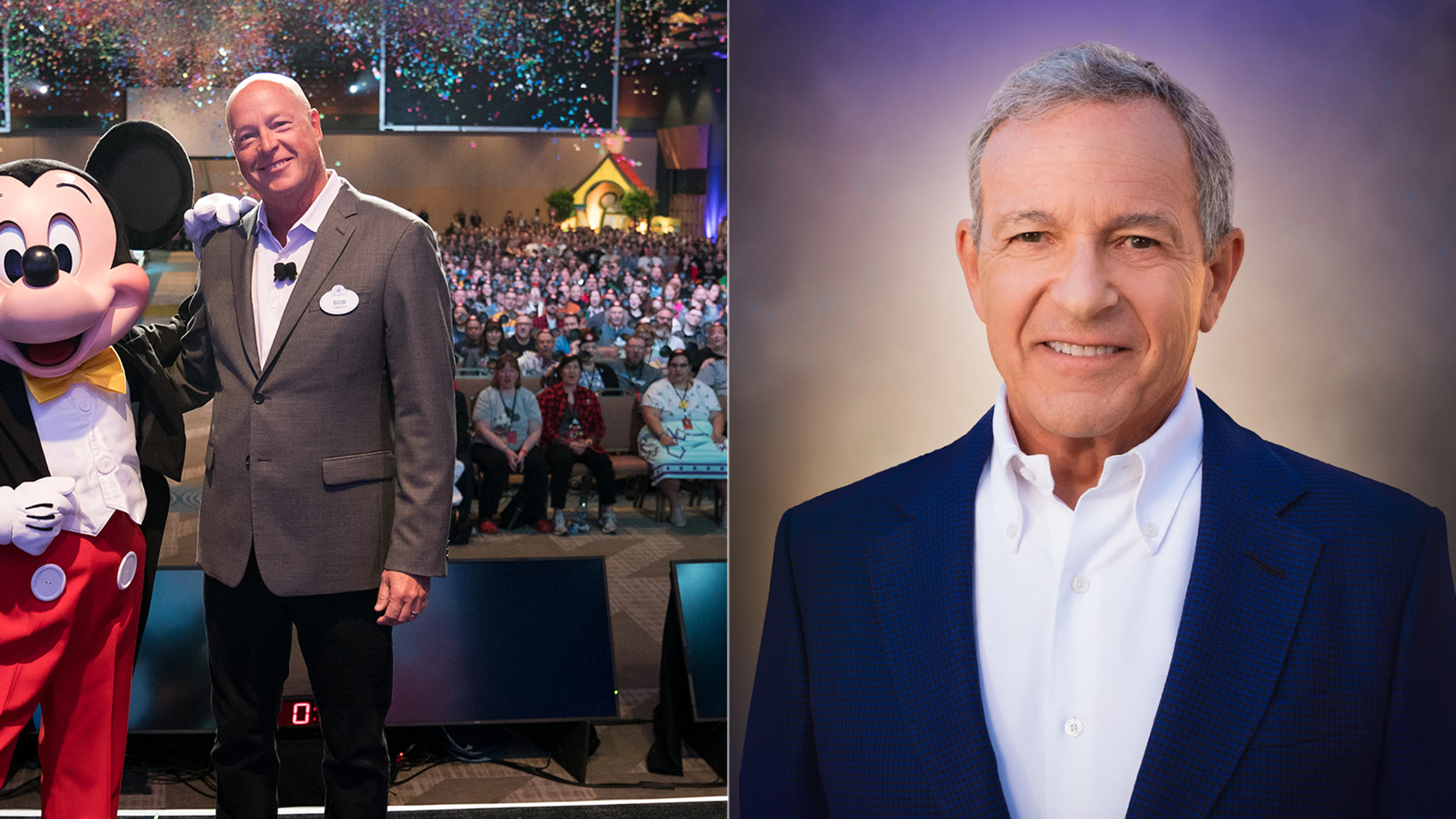 Bob Chapek stands with Mickey Mouse beside an official portrait of Bob Iger.