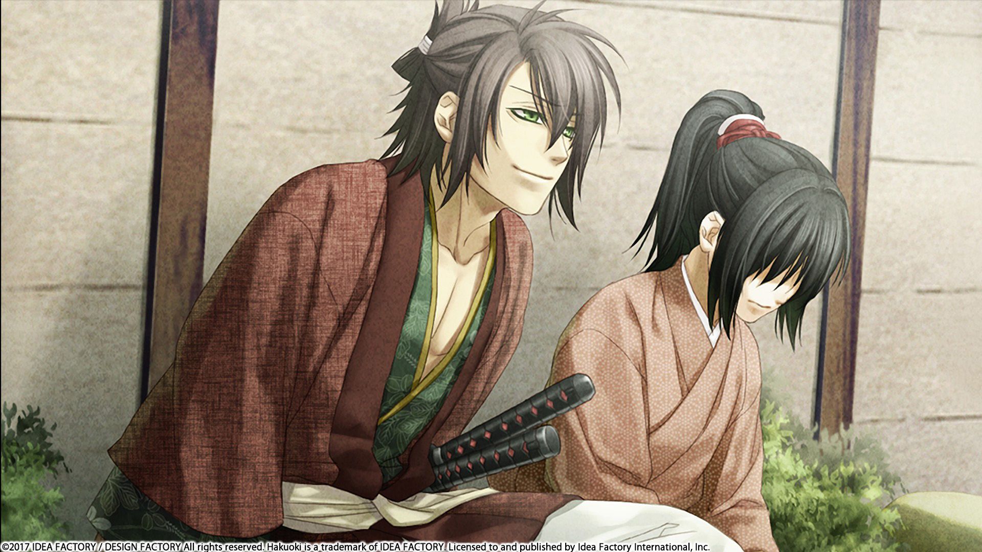 A long-haired swordsman holds a woman's hand in Hakuoki: Kyoto Winds.