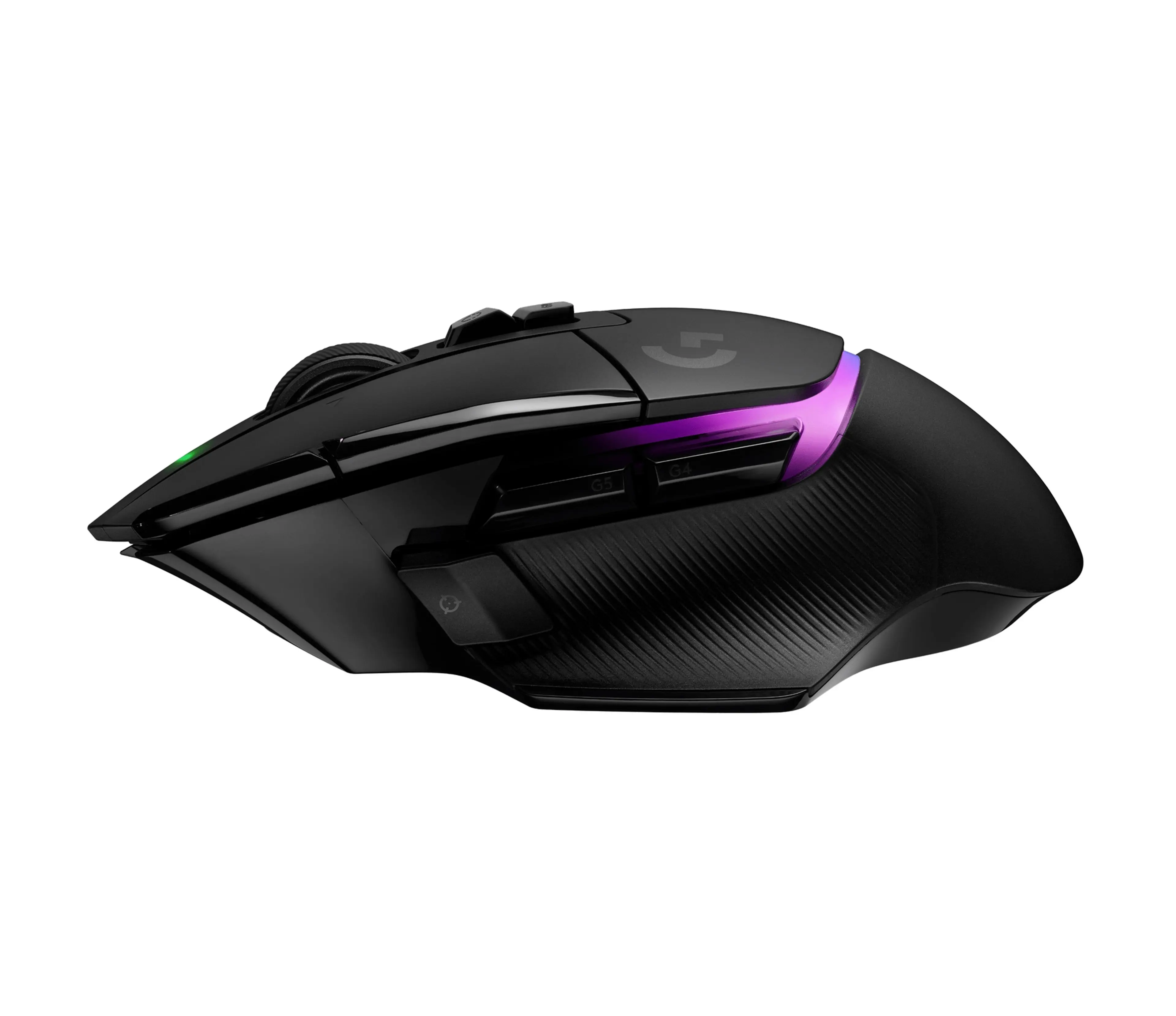 Left side of the black G502 X Plus showing the thumb rest and removable DPI Shift button