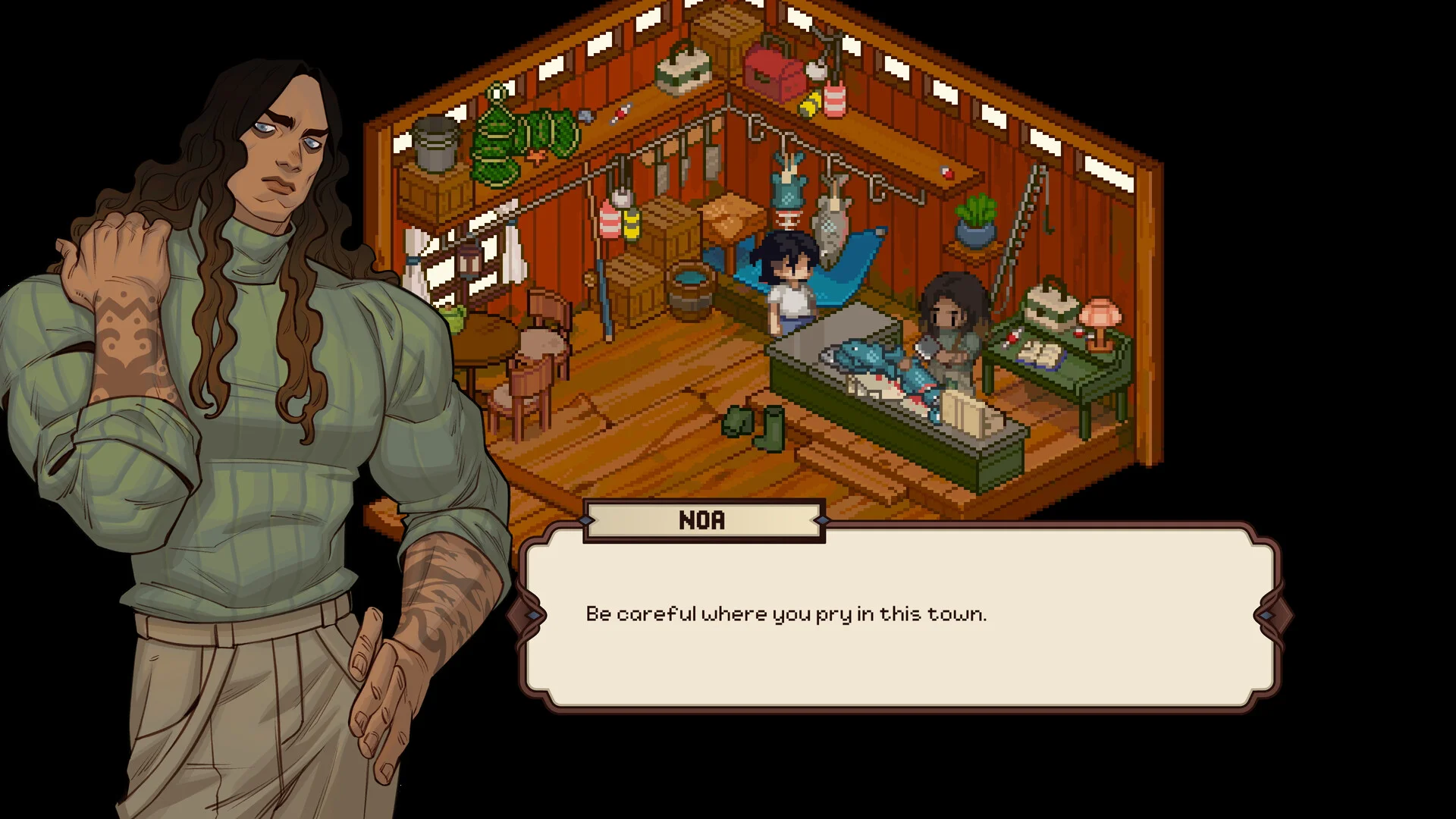 Noa warning the player about prying in Grave Seasons