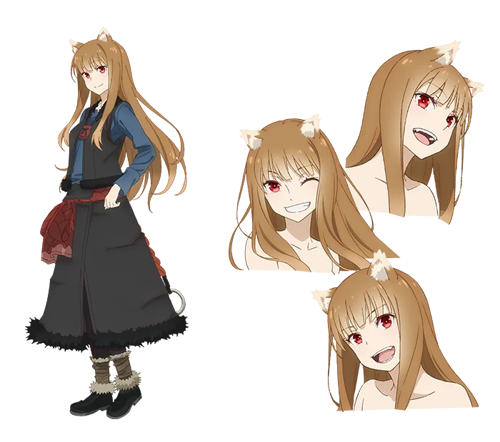 Holo smiles in official character artwork for Spice and Wolf: Merchant Meets the Wise Wolf.