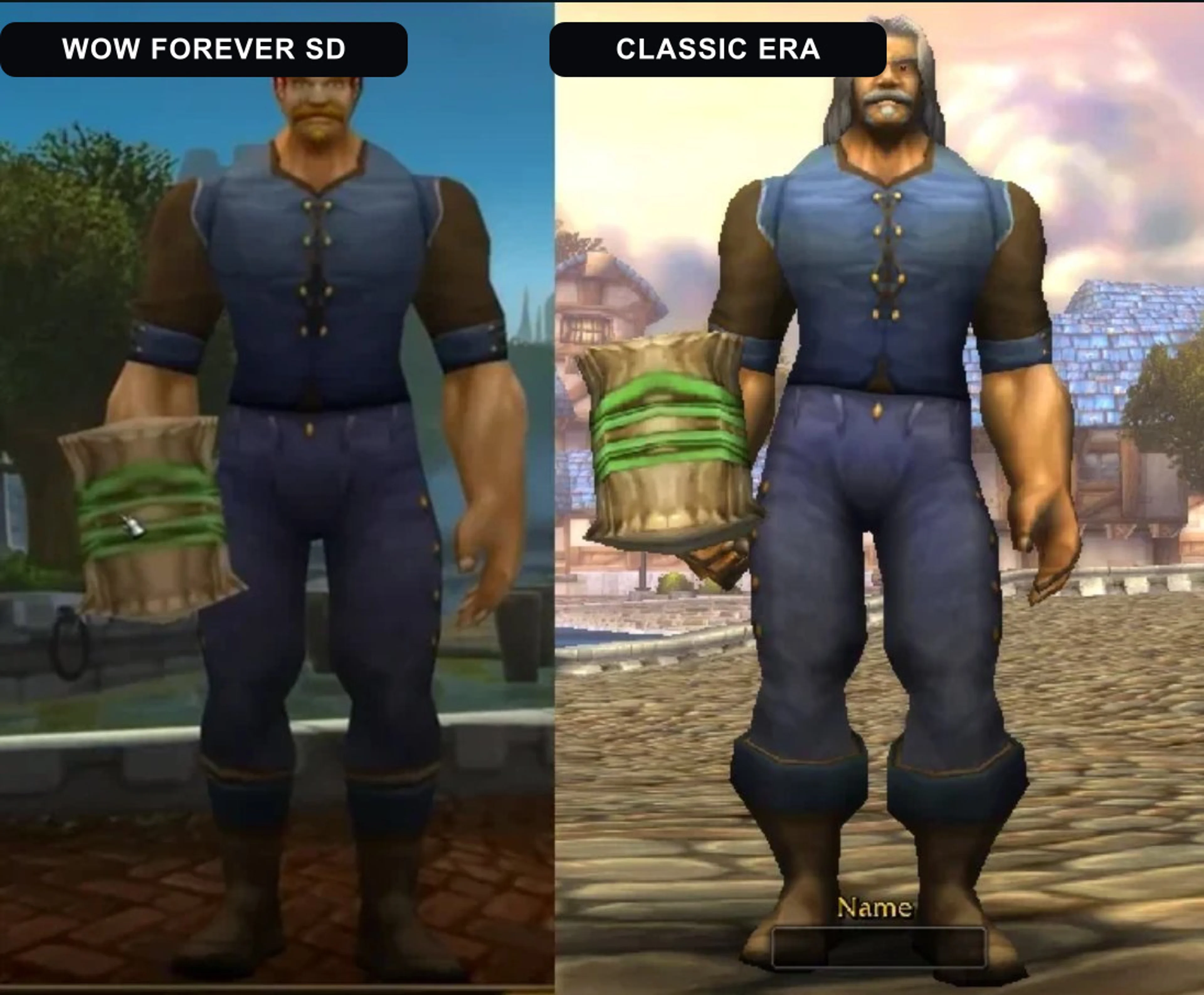 A human character compared in WoW Forever SD on the left and Classic Era on the right.