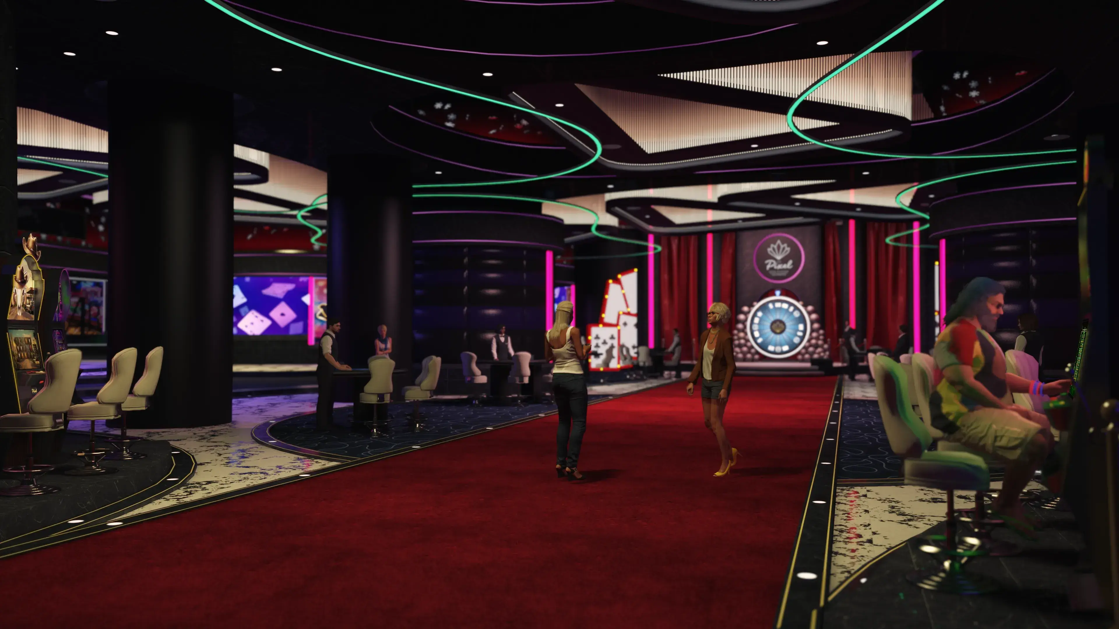 Players walk through a dark casino floor lit by green, pink, and purple strips in NoPixel V.