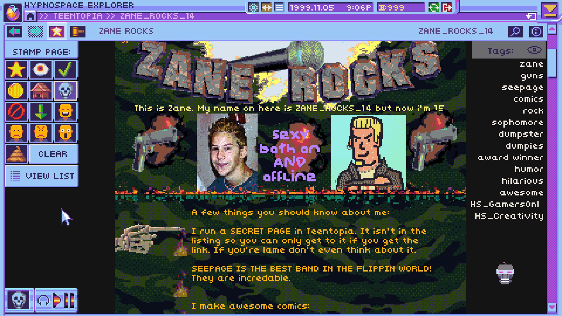 Zane’s personal homepage appears inside the browser beside enforcement buttons and a tag list, showing how browsing and investigation share the screen.
