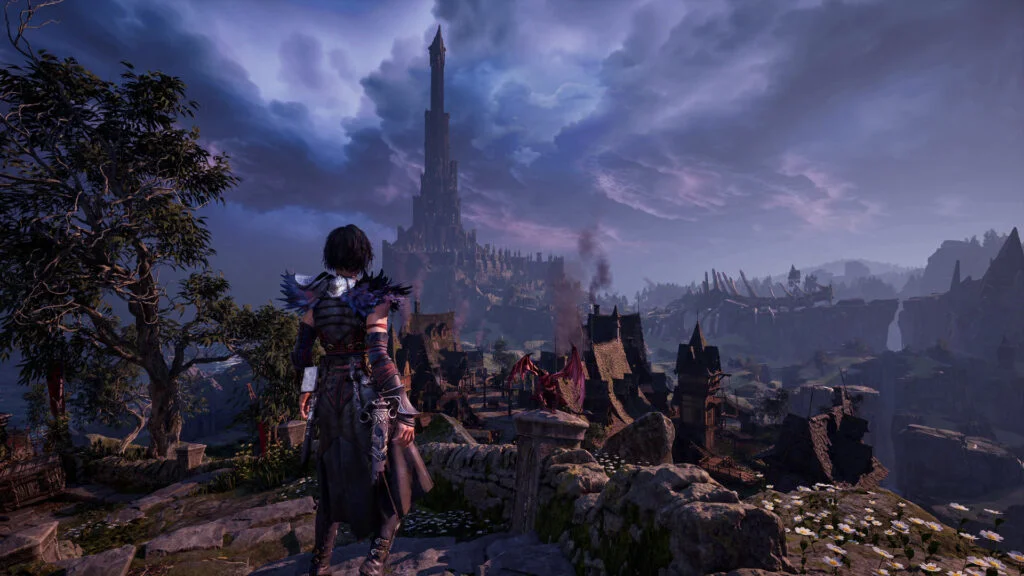 Kaatri overlooks a village and a towering dark citadel under storm clouds in Warlock: Dungeons & Dragons.