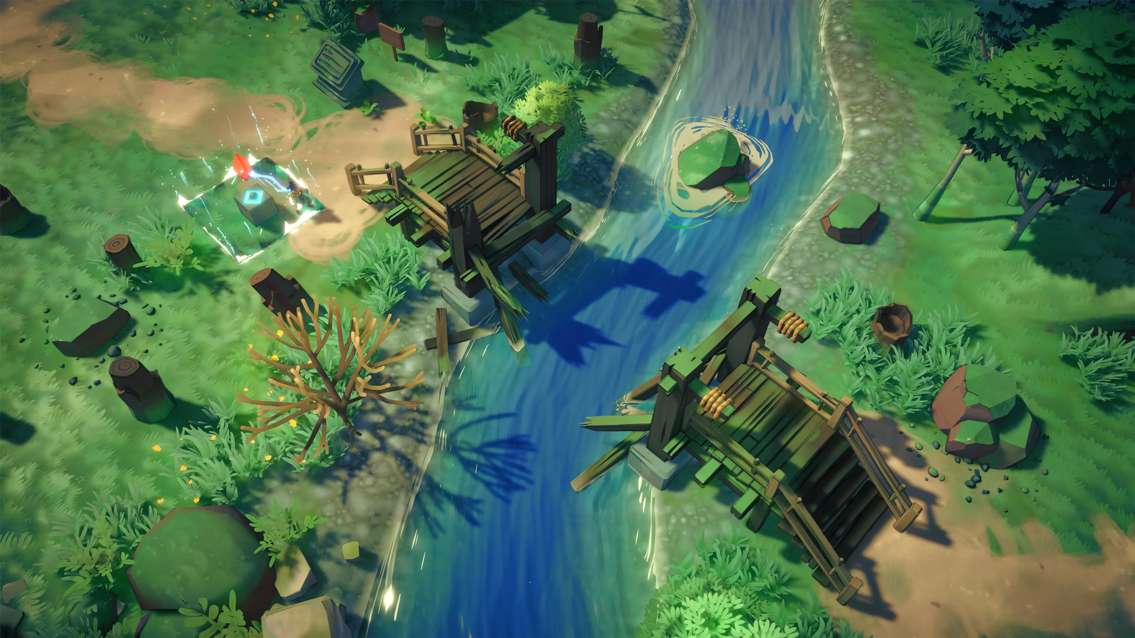 Sonia activates a reality-shifting effect beside a vivid river in Uncanyon.
